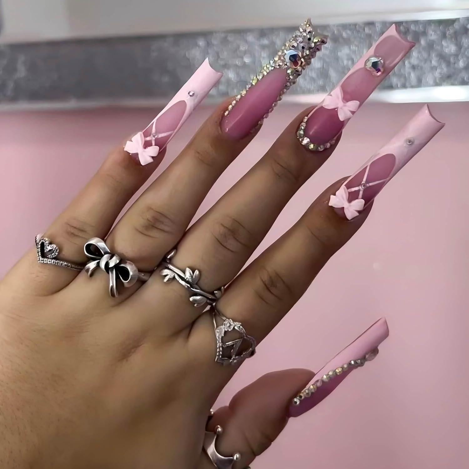 Uñas Postizas Francesas Rosa RUOKEXIN 24Pcs Brillantes