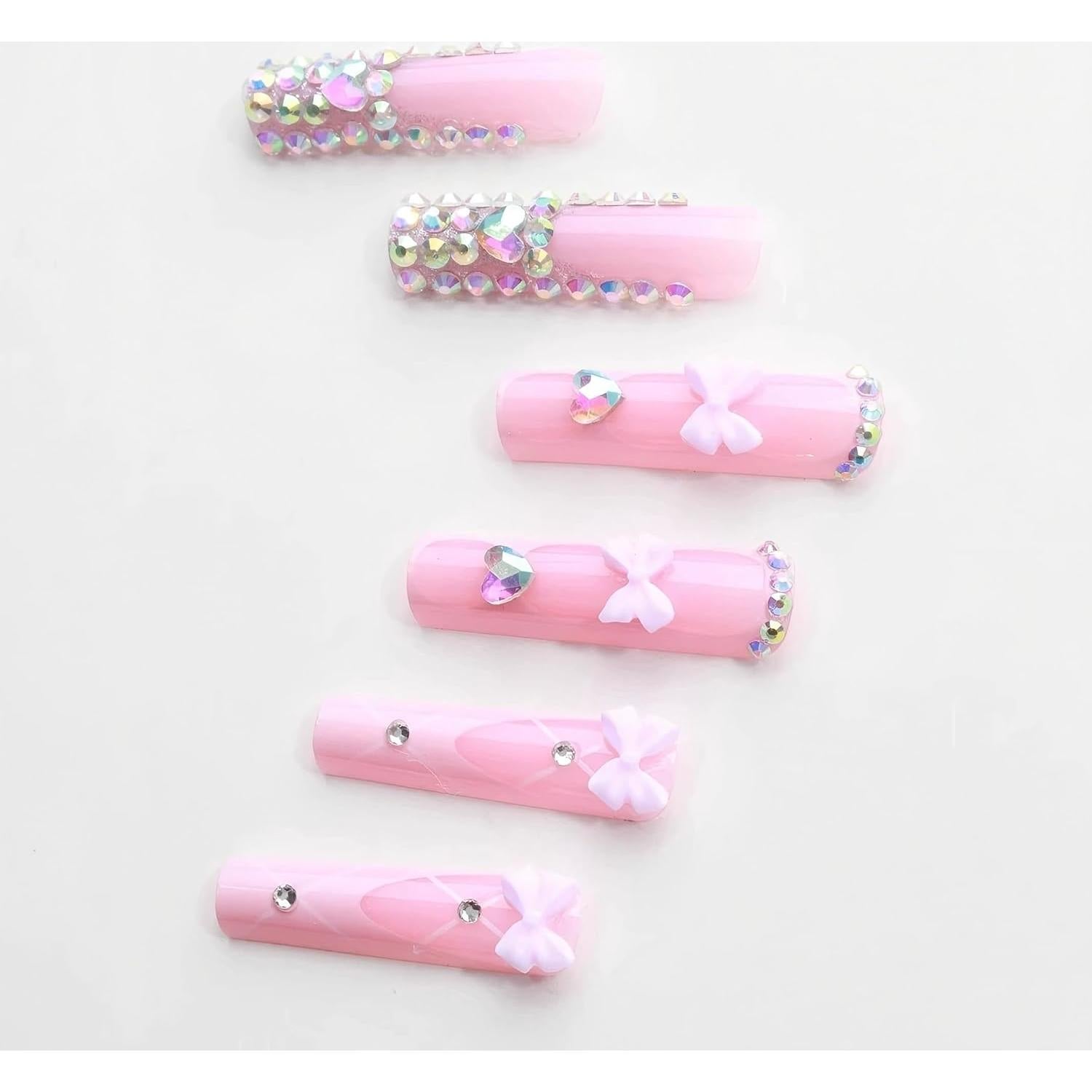 Uñas Postizas Francesas Rosa RUOKEXIN 24Pcs Brillantes