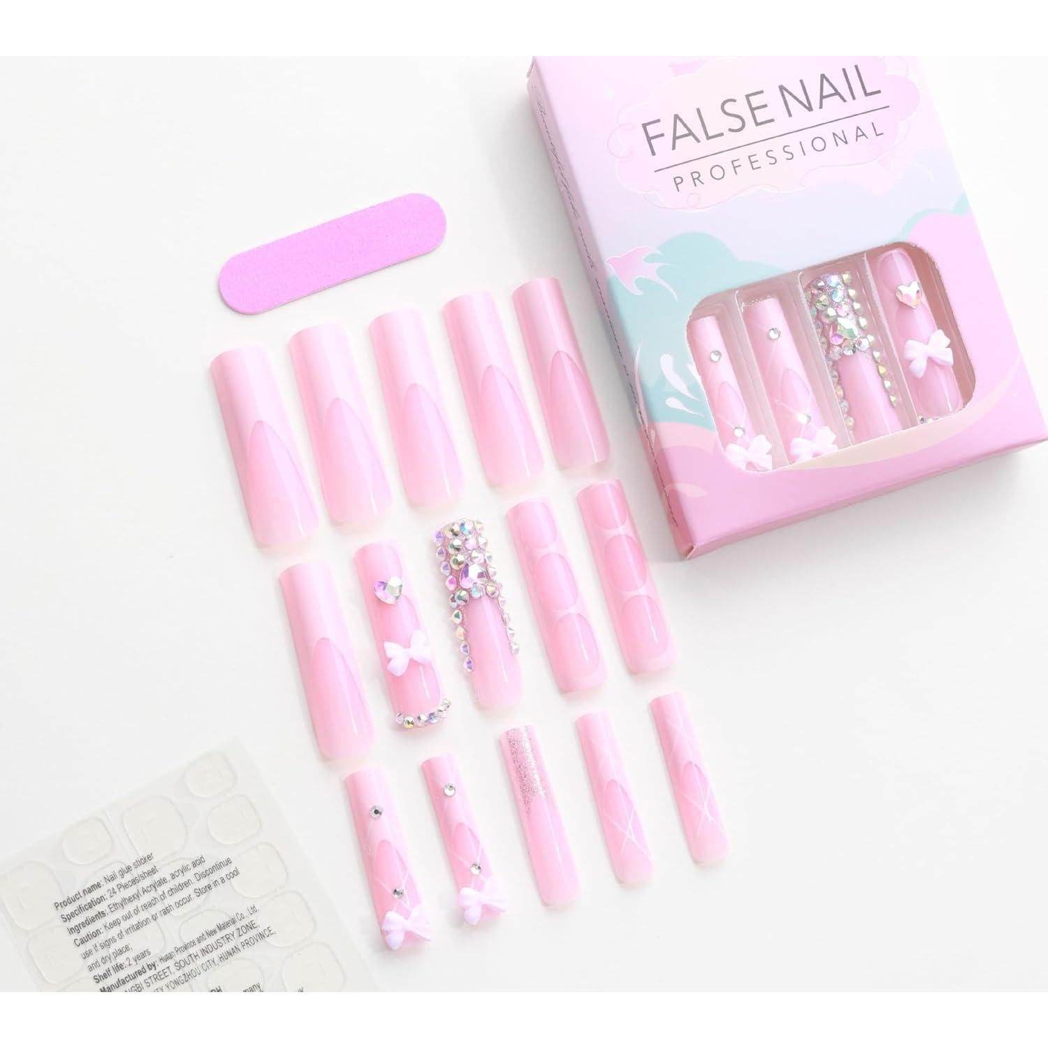 Uñas Postizas Francesas Rosa RUOKEXIN 24Pcs Brillantes