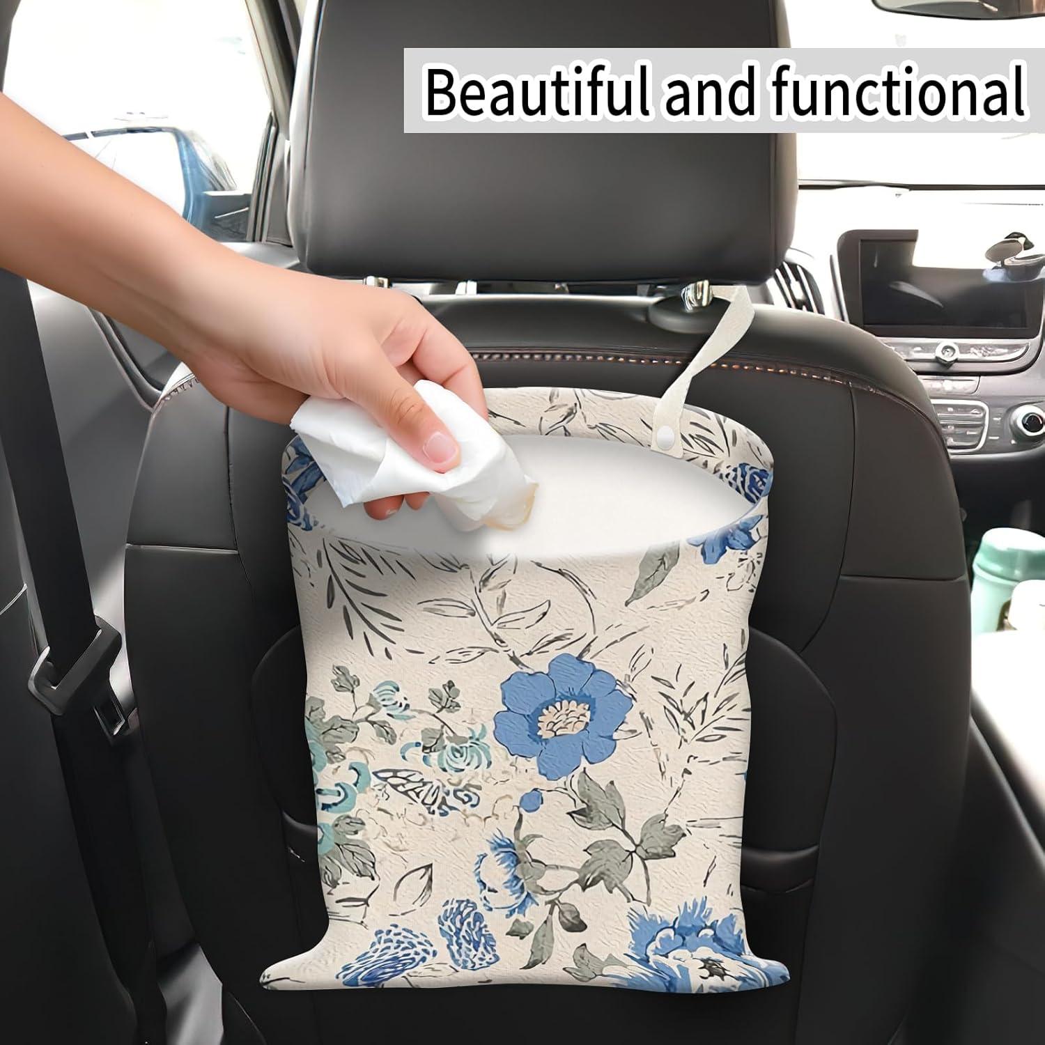Basurero de Auto Colgante AUEKLLW Lona Boho Floral Azul 30x24cm