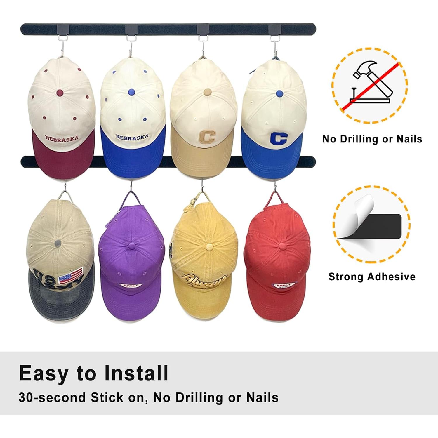 Organizador de Sombreros Adhesivo ETOWIFA - 2 Tiras y 8 Ganchos