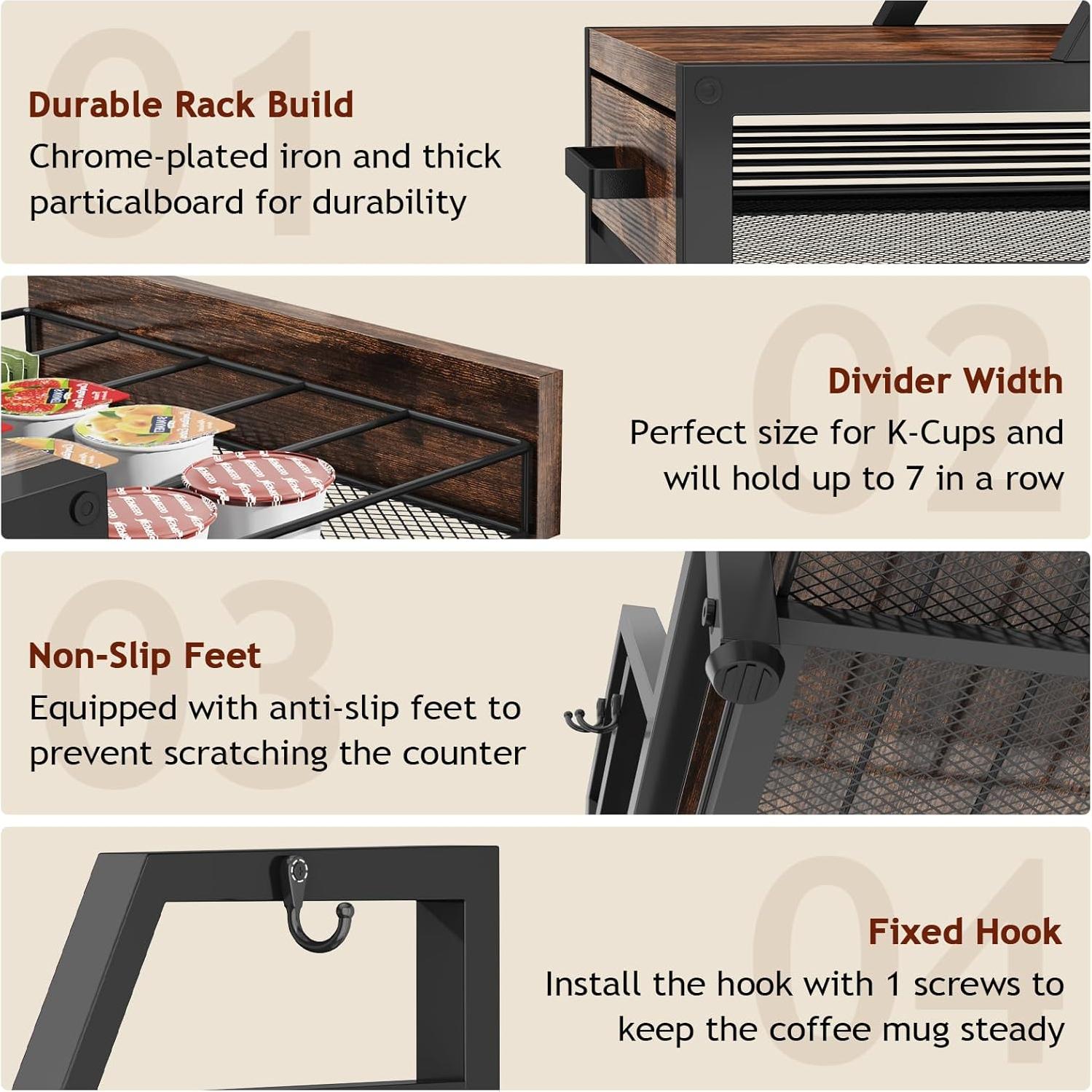 Cajón Organizador para K Cups Homsorout - 35 Cápsulas, Madera y Metal