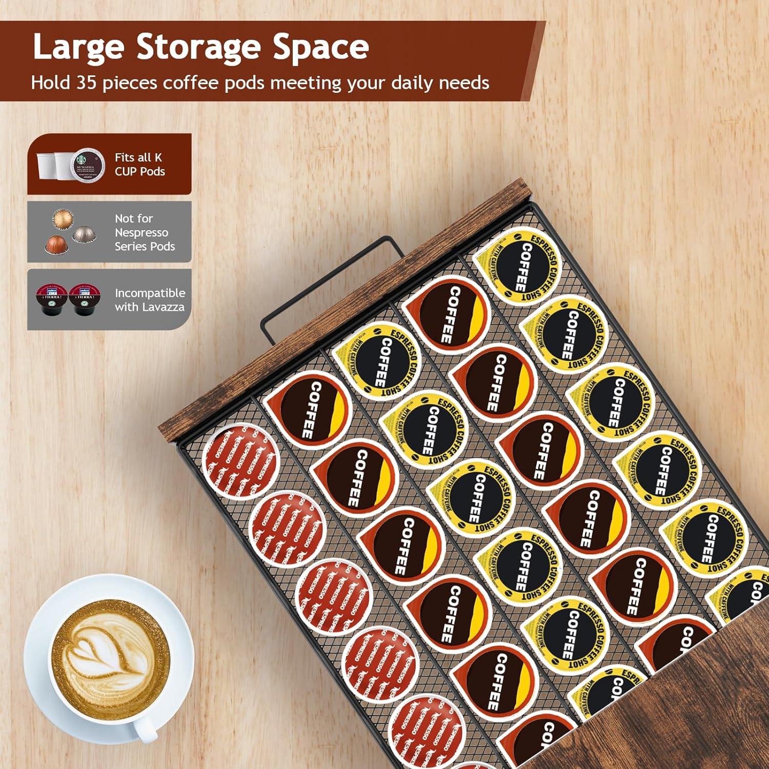 Cajón Organizador para K Cups Homsorout - 35 Cápsulas, Madera y Metal