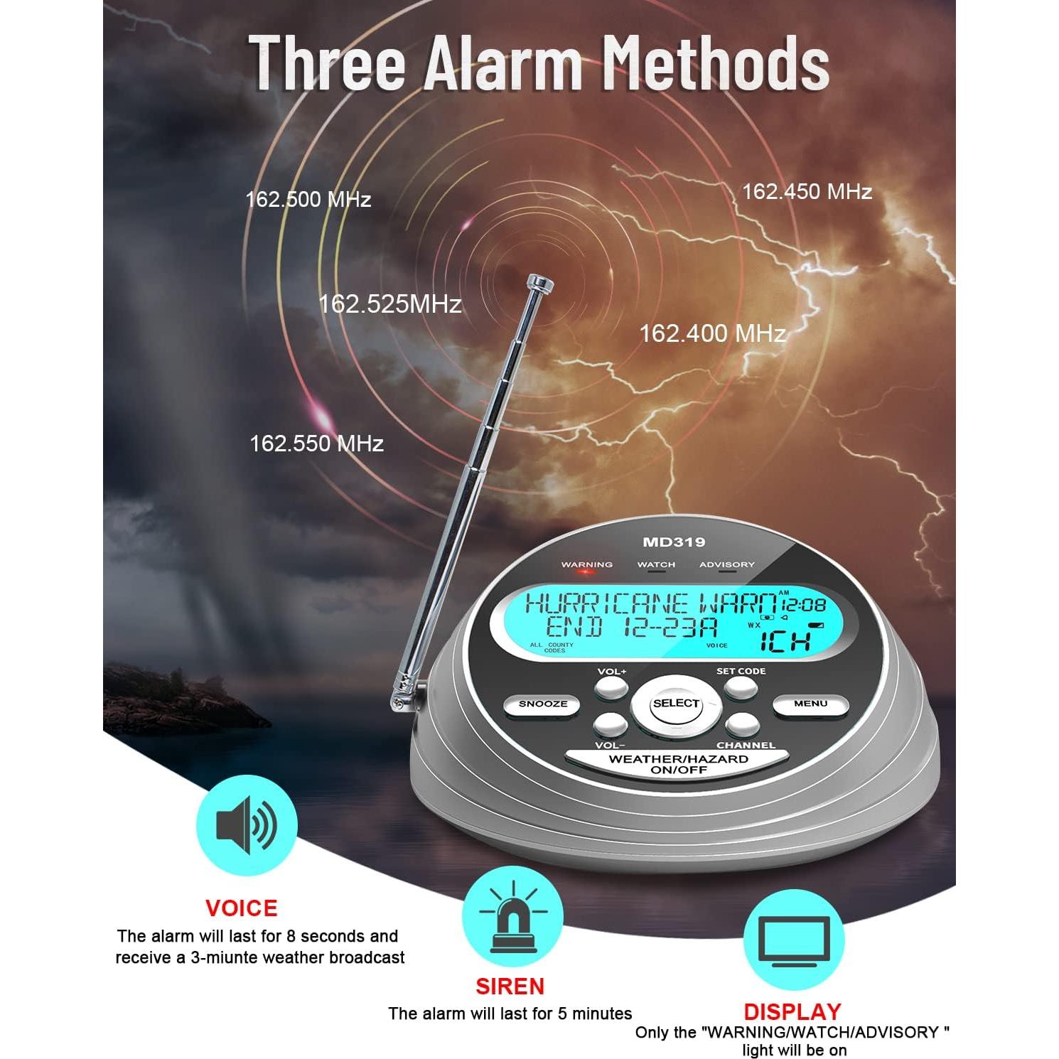 NOAA Weather Radio-S.A.M.E. Localized Programming,Weather Alert Radio with 80+ Emergency Alerts,Alarm Clock,NOAA Weather Radio with Battery Backup,External Warning Light for Emergency