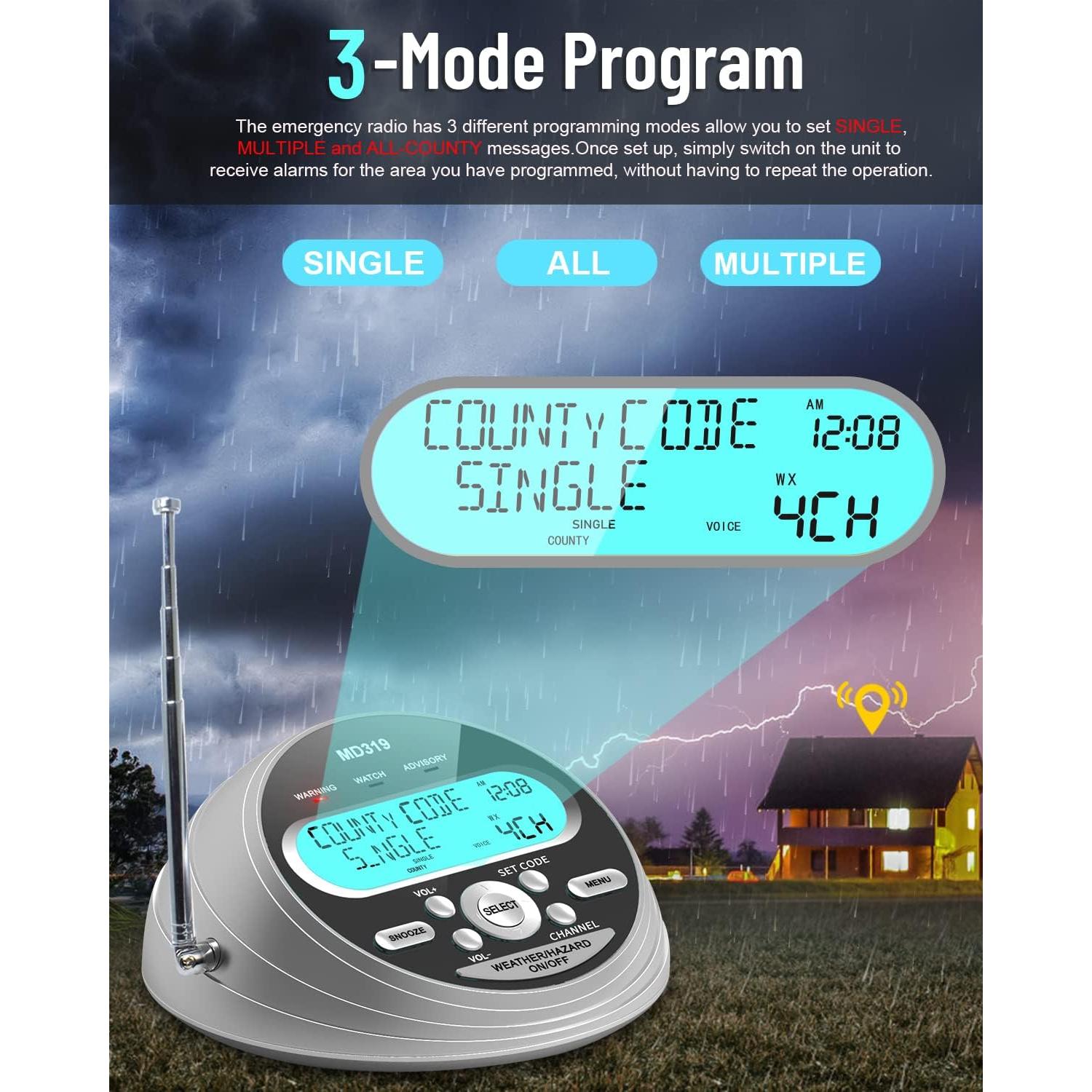 NOAA Weather Radio-S.A.M.E. Localized Programming,Weather Alert Radio with 80+ Emergency Alerts,Alarm Clock,NOAA Weather Radio with Battery Backup,External Warning Light for Emergency