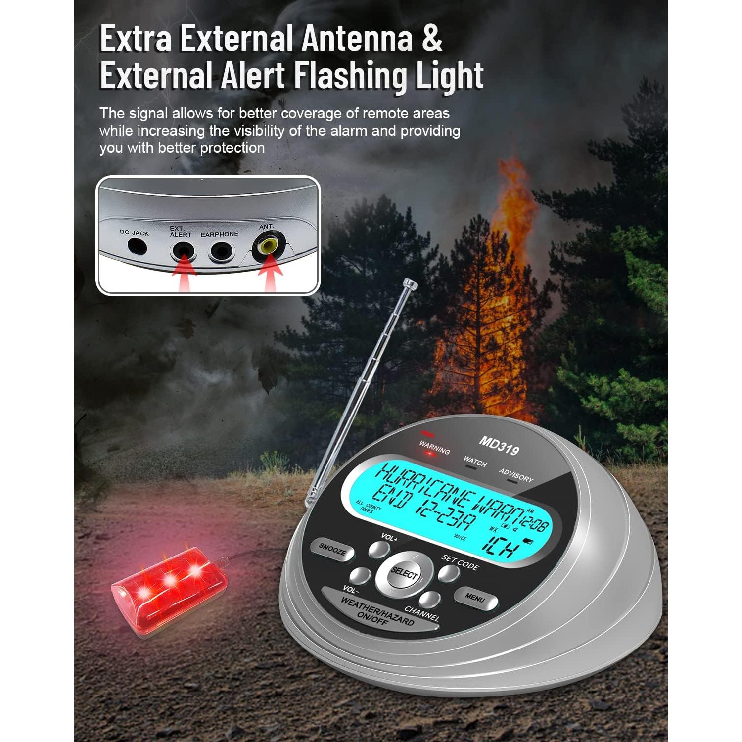 NOAA Weather Radio-S.A.M.E. Localized Programming,Weather Alert Radio with 80+ Emergency Alerts,Alarm Clock,NOAA Weather Radio with Battery Backup,External Warning Light for Emergency