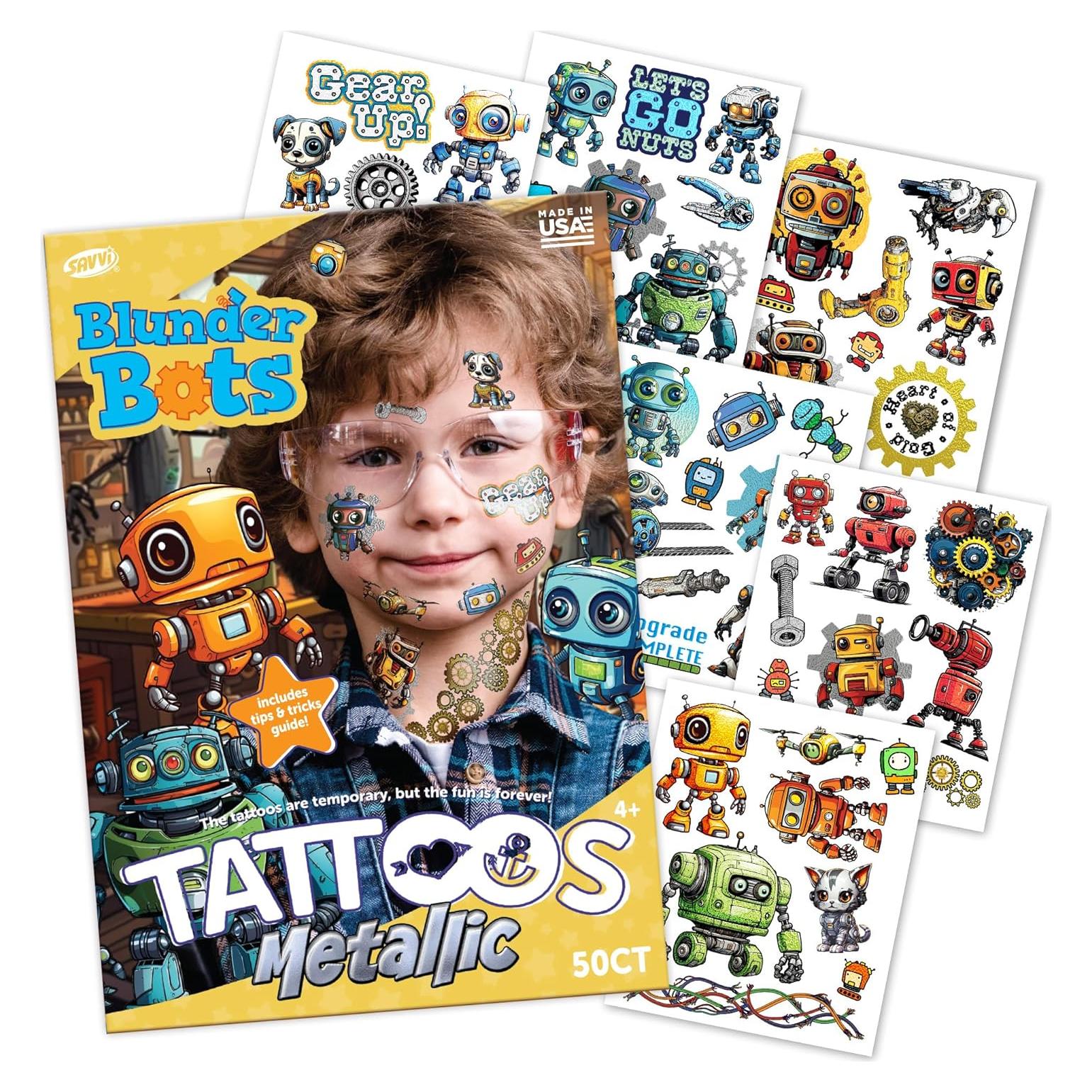 Tatuajes Temporales Savvi Blunder Bots - 50 Piezas Metálicas