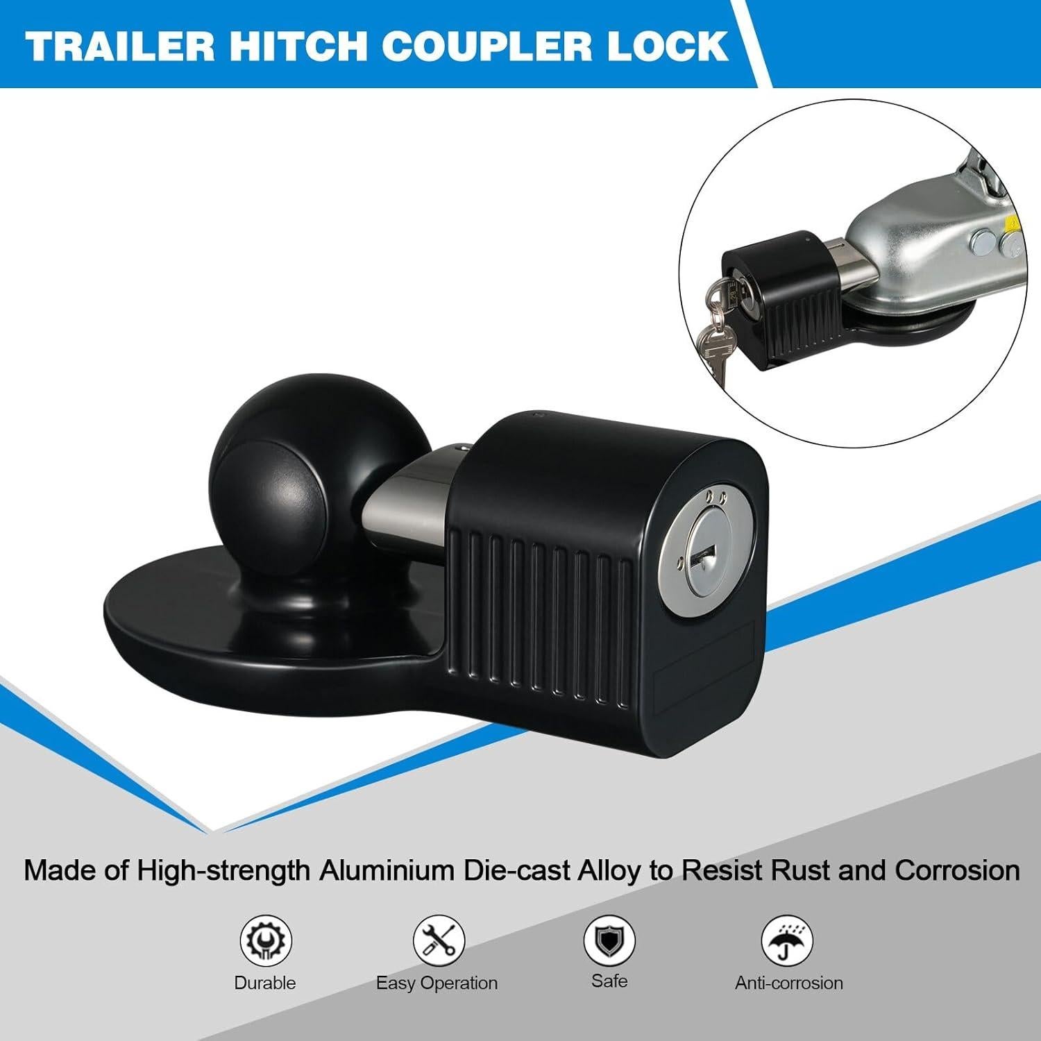 Cerradura de Enganche de Remolque Antirrobo TOPSHINE Negro