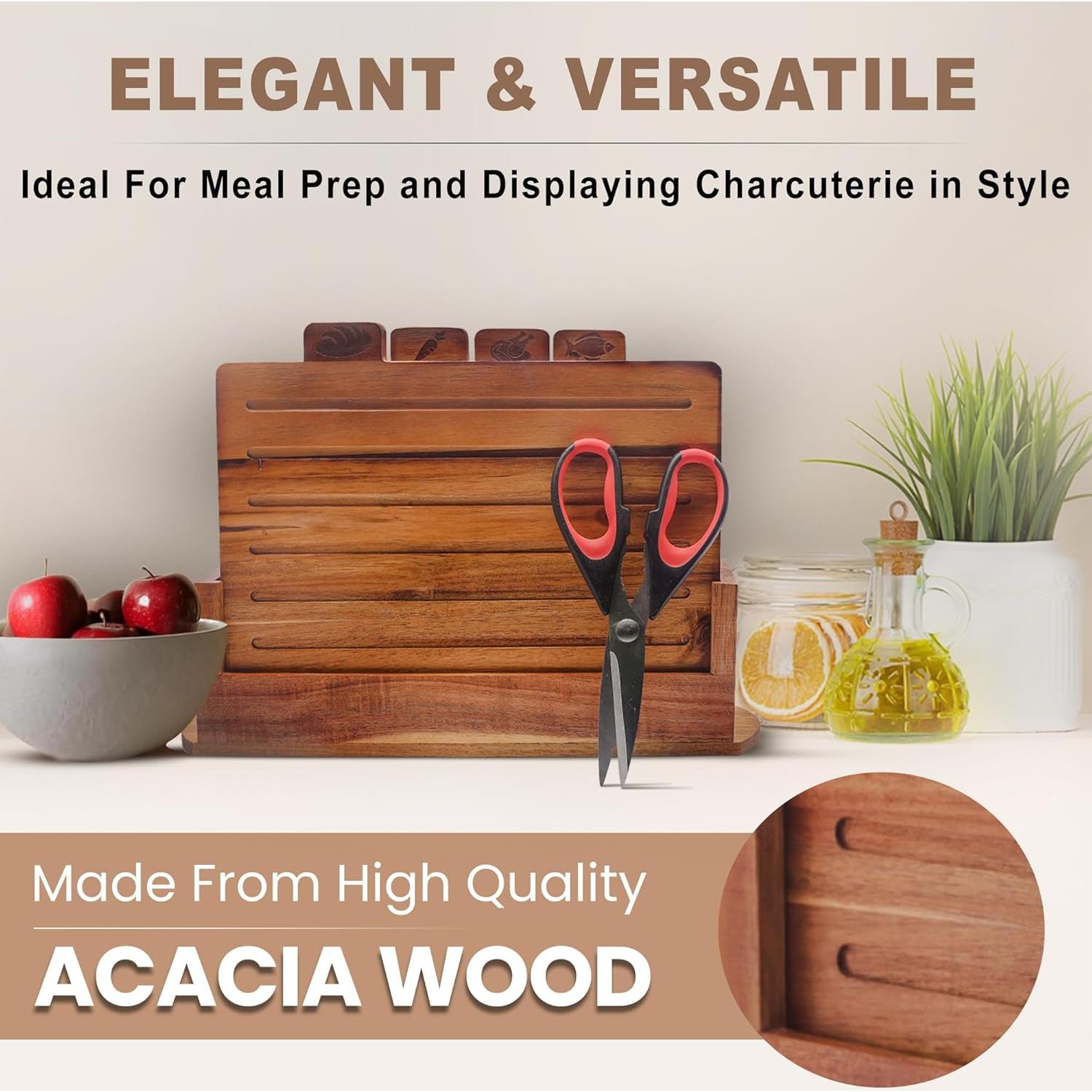 Juego de tablas de cortar de madera de acacia con soporte y tijeras