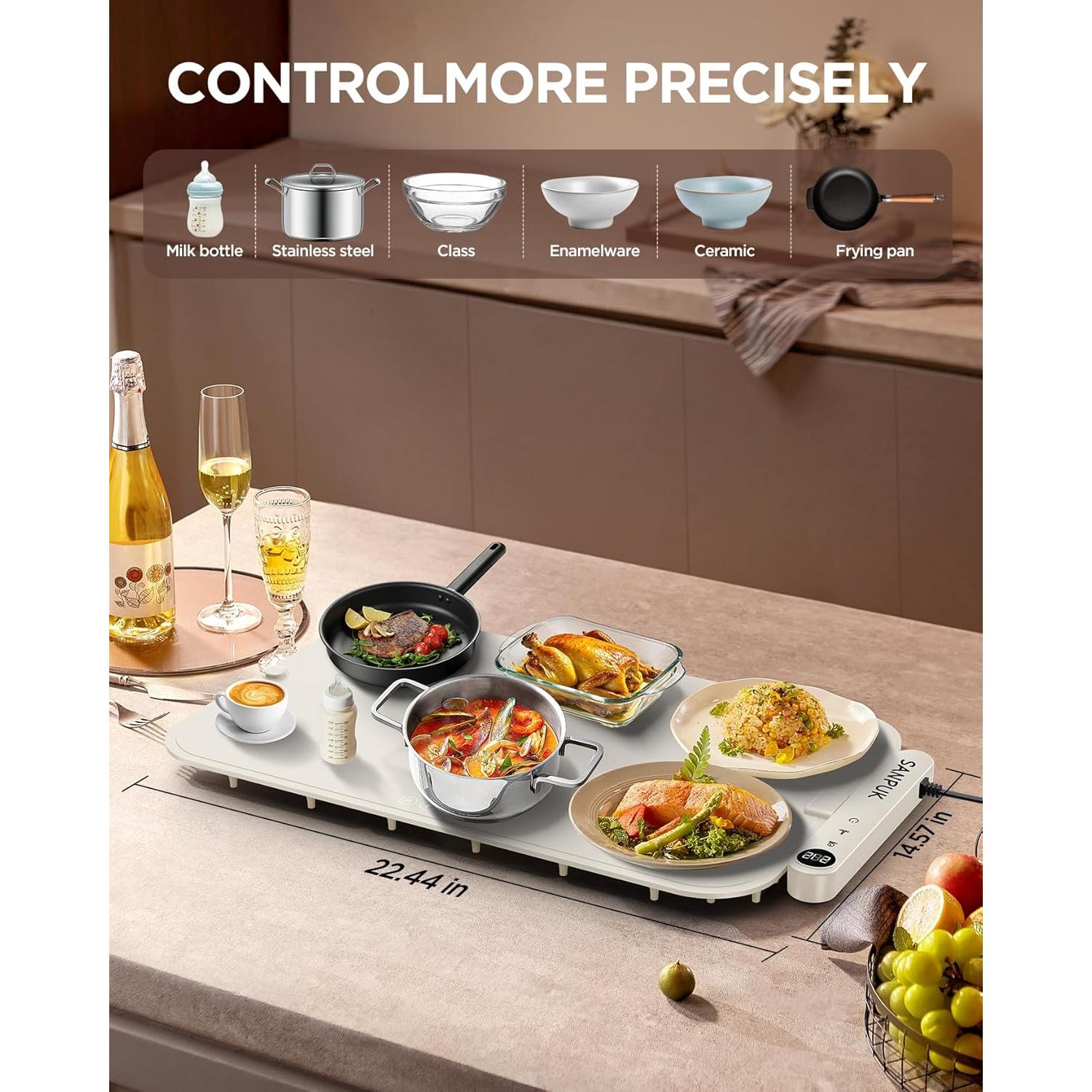 Bandeja Calentadora Eléctrica SANPUK 60x38 cm 6 Modos Beige