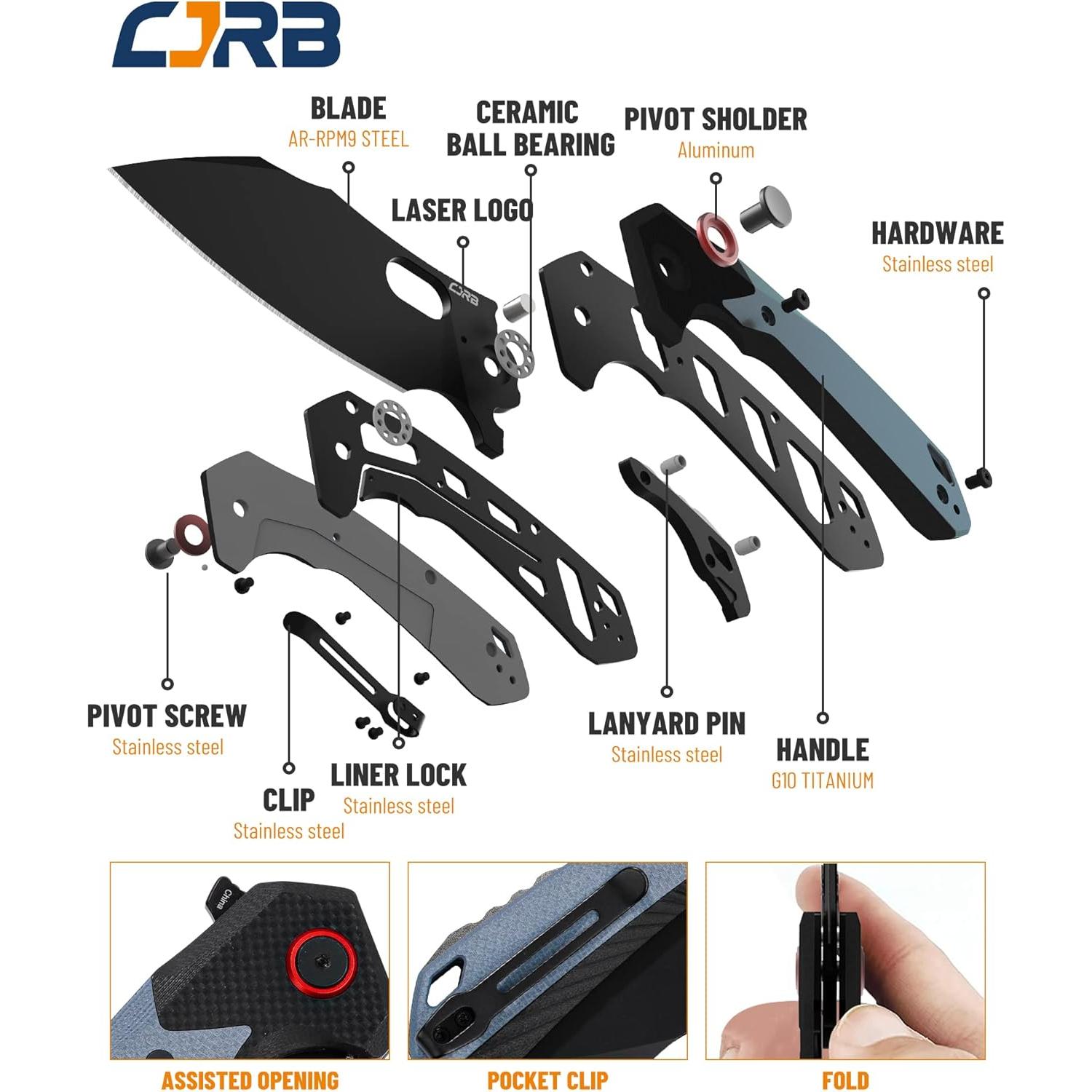 Cuchillo Plegable CJRB Caldera J1923 Acero AR-RPM9 Mango G10 Azul