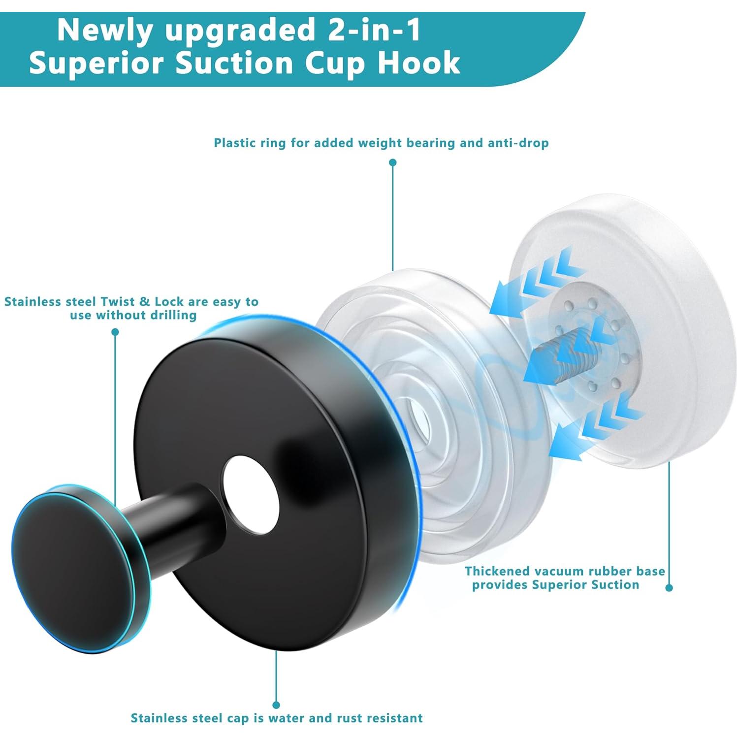 Ganchos de Ventosa Epritliber 2 Pcs Acero Inoxidable Negro Mate