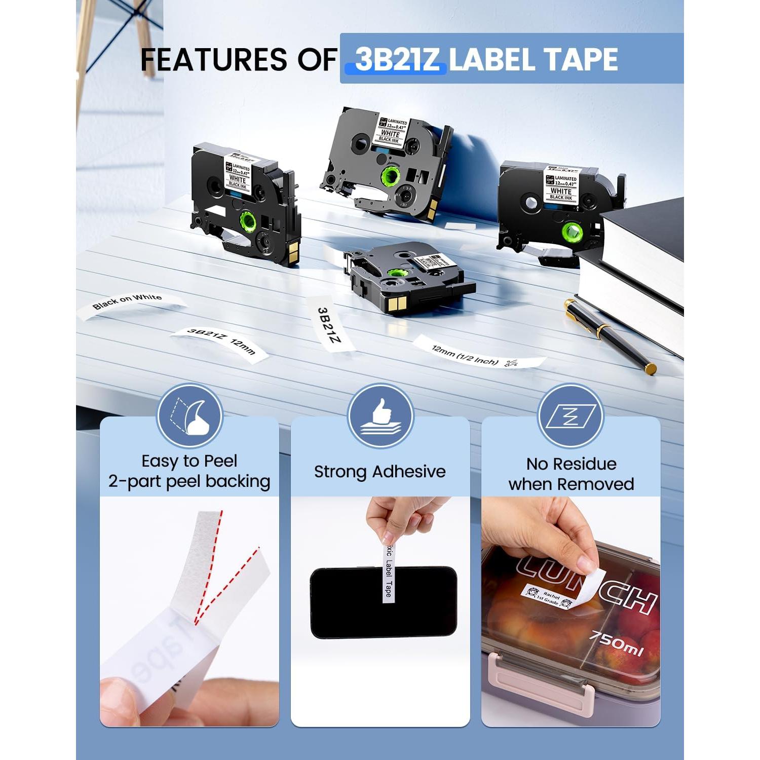 Cinta de Etiquetas Laminadas BZ 12mm Negra sobre Blanca - 4 Pzas