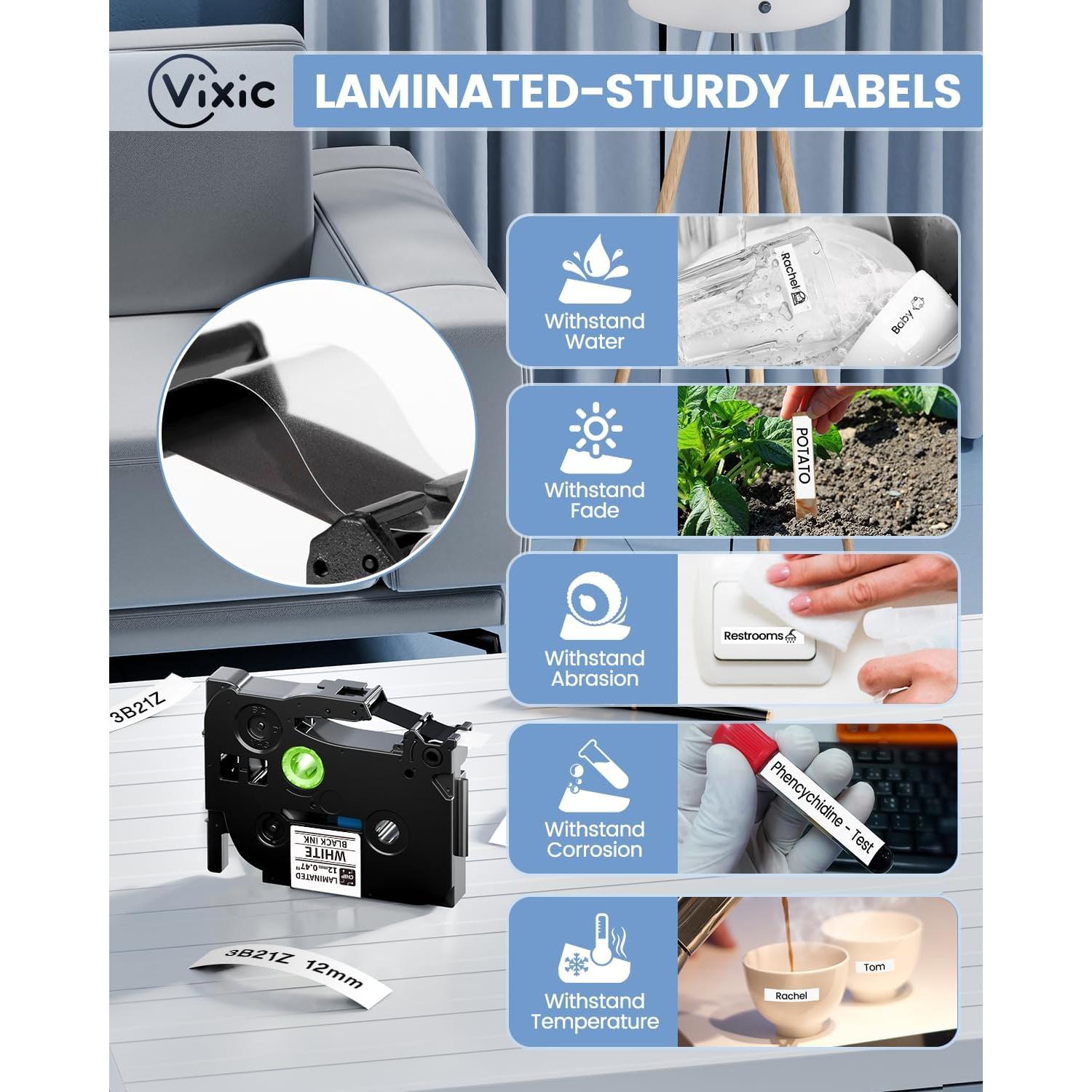 Cinta de Etiquetas Laminadas BZ 12mm Negra sobre Blanca - 4 Pzas