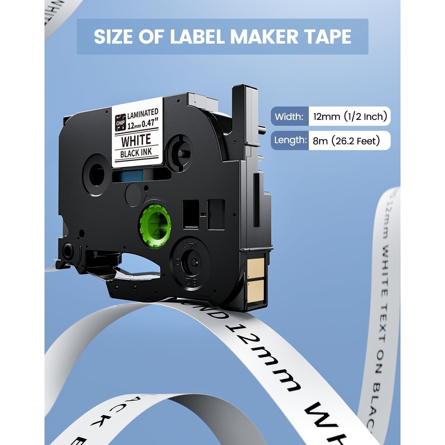 Cinta de Etiquetas Laminadas BZ 12mm Negra sobre Blanca - 4 Pzas