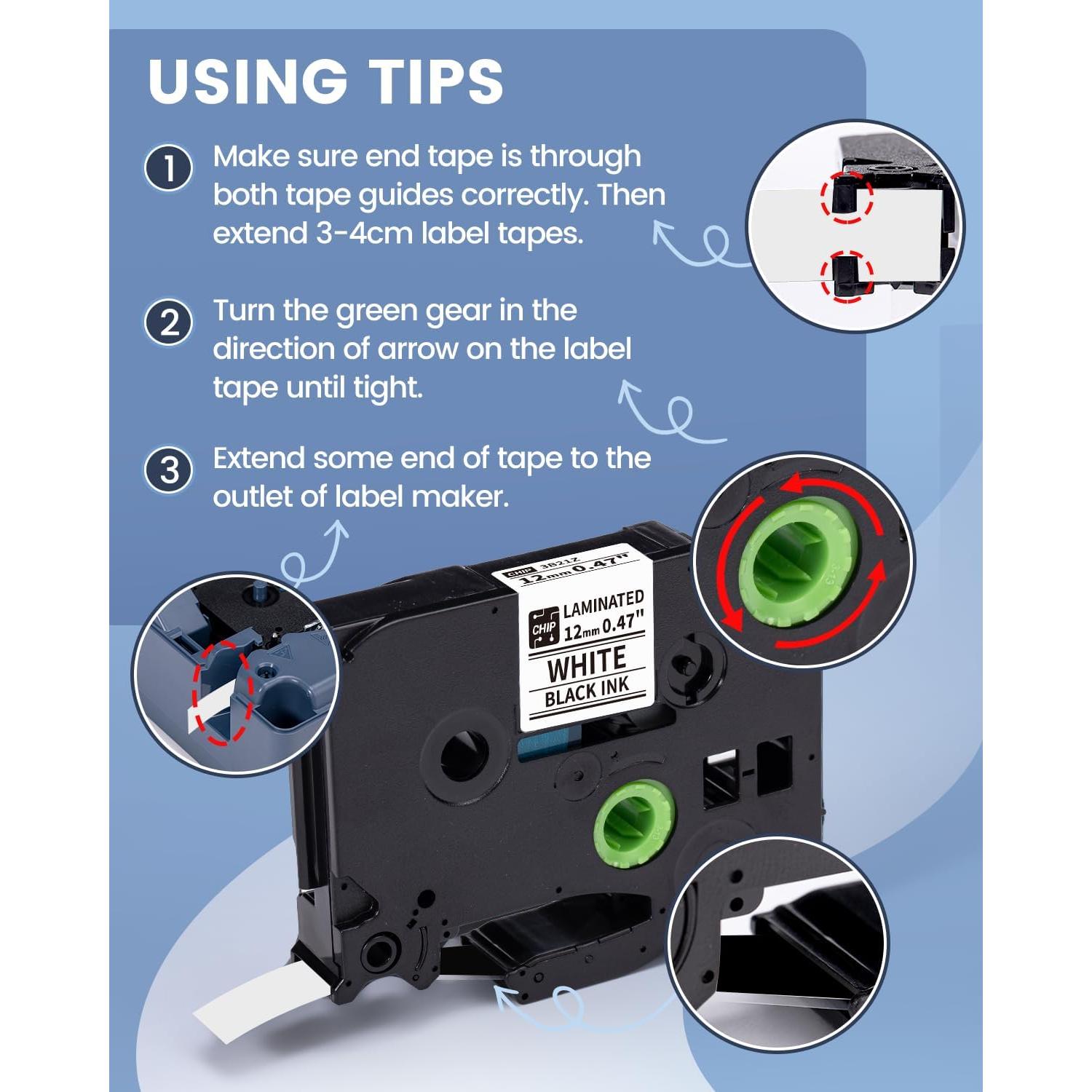 Cinta de Etiquetas Laminadas BZ 12mm Negra sobre Blanca - 4 Pzas