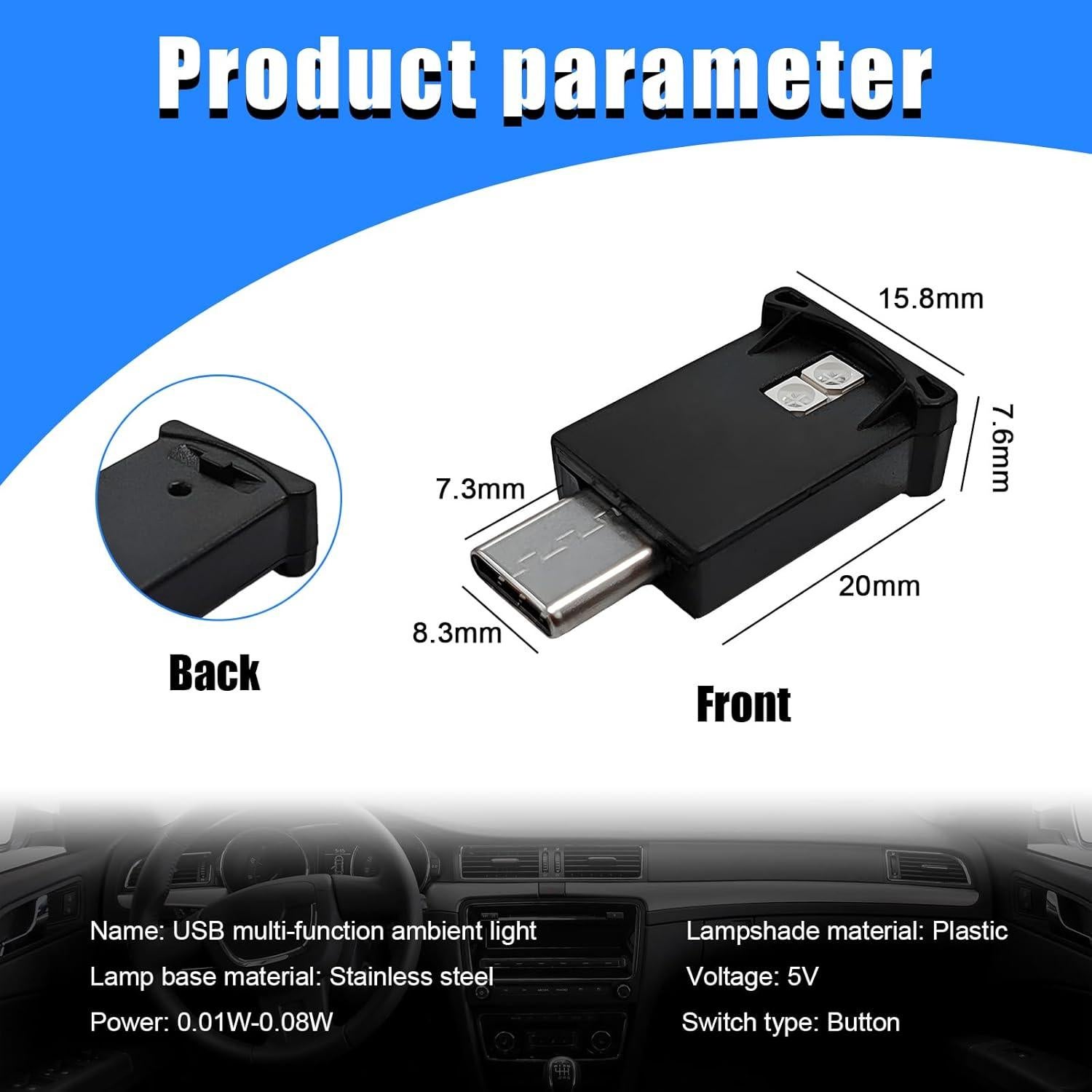 Luz Ambiental LED USB Tipo C Sylvil, 8 Colores RGB Ajustable