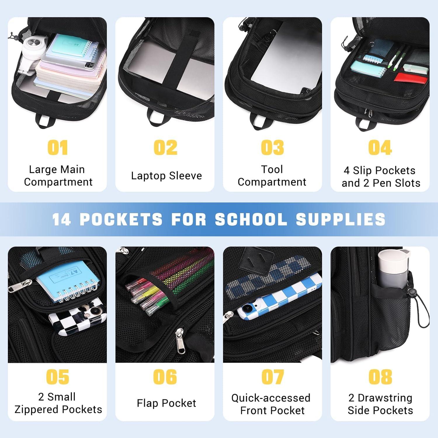 Mochila de Malla Transparente MOONBABY 30L Negra para Escuela y Playa