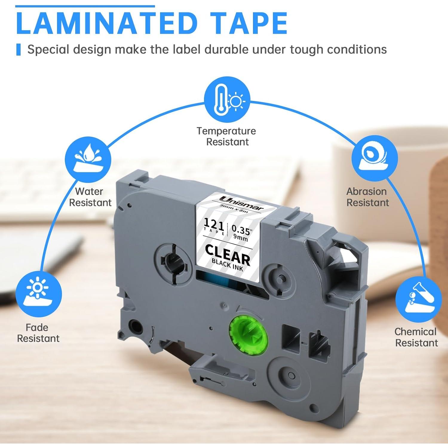 Cinta de Etiquetas Laminada Unismar TZe-121 9mm Negra Transparente - Paquete de 5