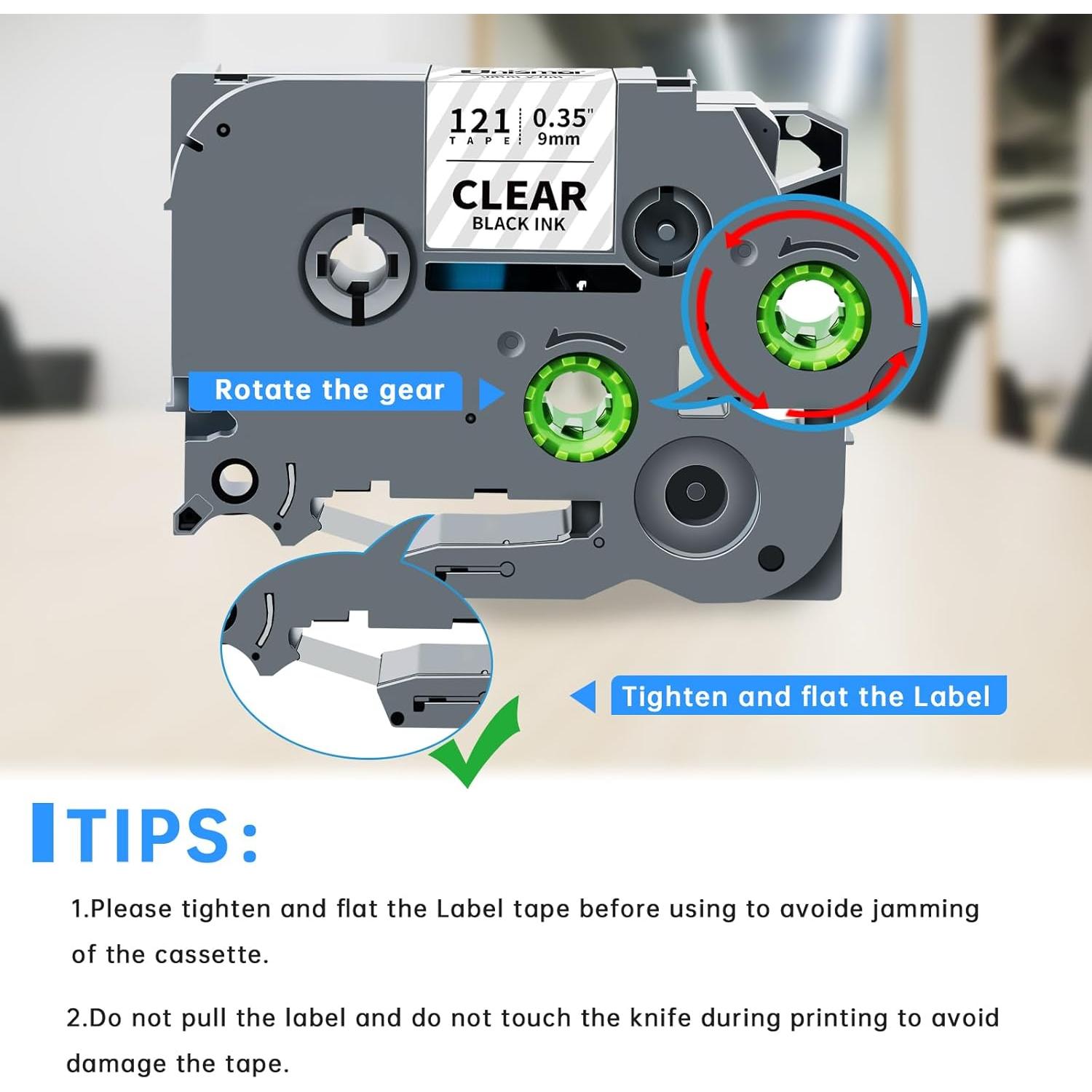 Cinta de Etiquetas Laminada Unismar TZe-121 9mm Negra Transparente - Paquete de 5
