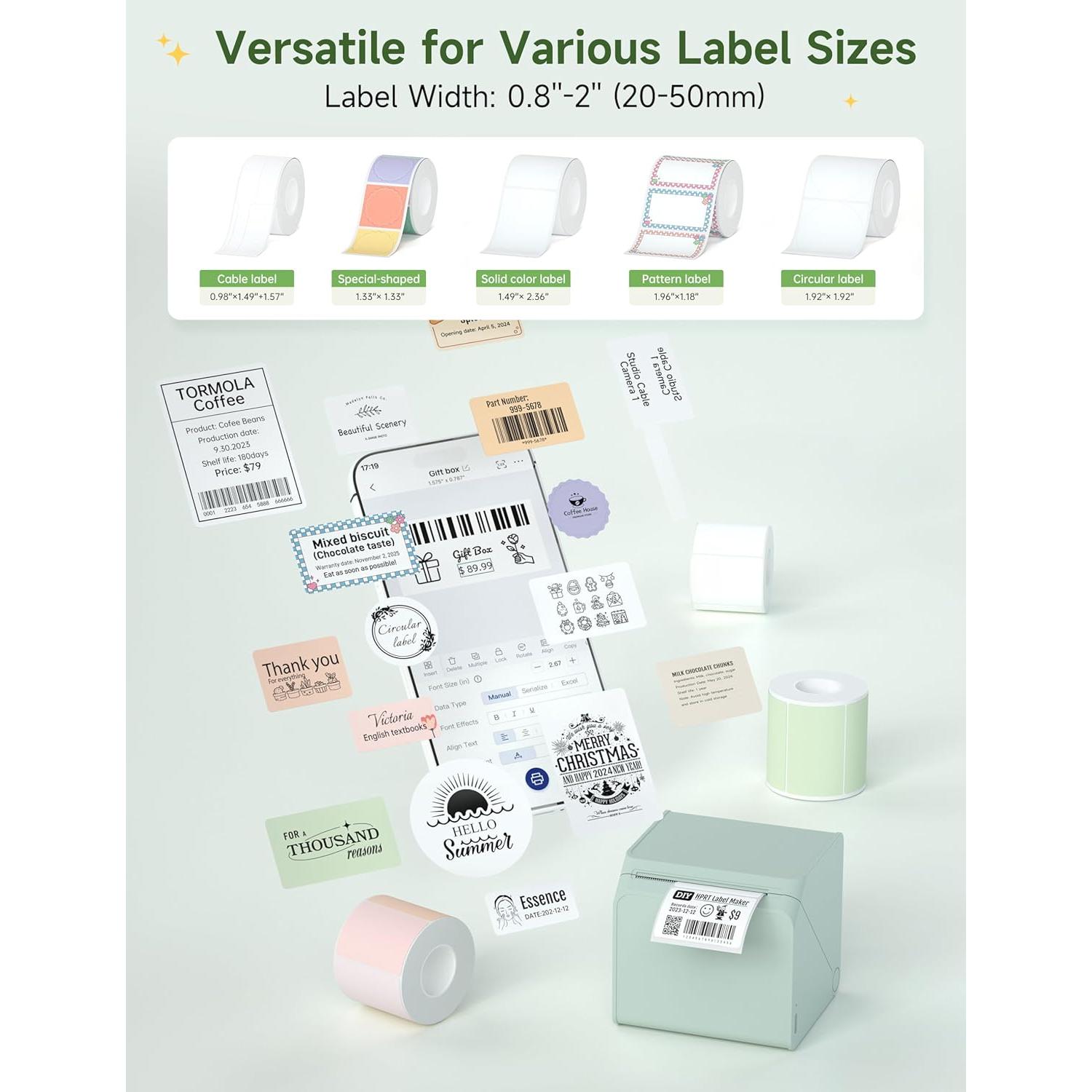 HPRT T260LR Label Maker: 2-Inch Bluetooth Thermal Printer, Portable Sticker Machine with Waterproof Tape for Address Labels, Barcodes, Home Organization, Office Supplies & Small Business