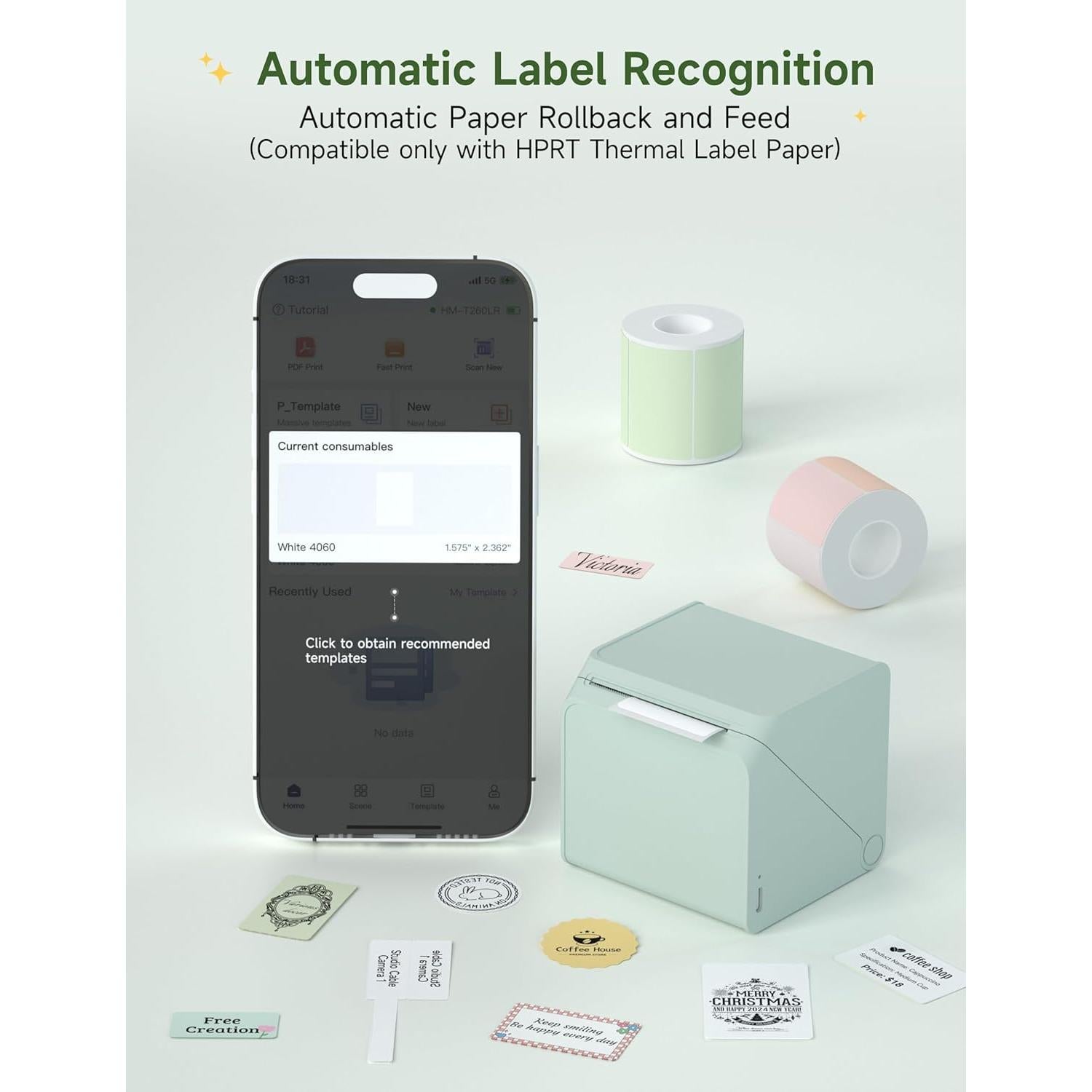 HPRT T260LR Label Maker: 2-Inch Bluetooth Thermal Printer, Portable Sticker Machine with Waterproof Tape for Address Labels, Barcodes, Home Organization, Office Supplies & Small Business