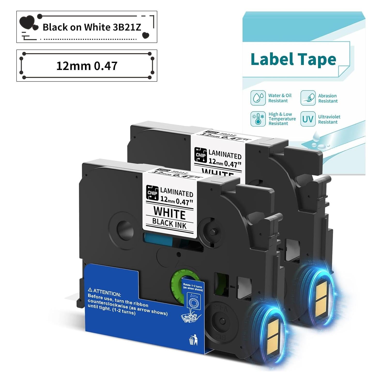 Cinta de Etiquetas Laminada VolenGo 12mm Negro sobre Blanco - 2 Paquetes