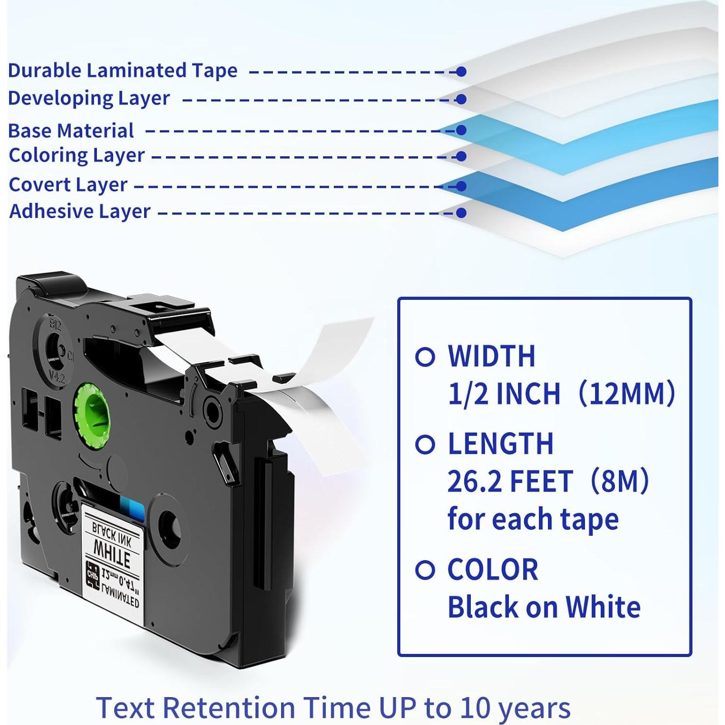 Cinta de Etiquetas Laminada VolenGo 12mm Negro sobre Blanco - 2 Paquetes