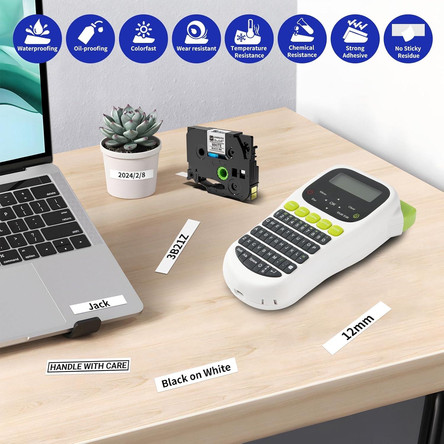 Cinta de Etiquetas Laminada VolenGo 12mm Negro sobre Blanco - 2 Paquetes