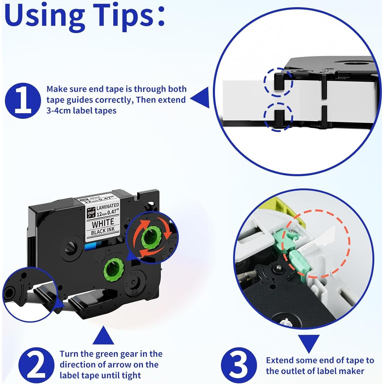 Cinta de Etiquetas Laminada VolenGo 12mm Negro sobre Blanco - 2 Paquetes
