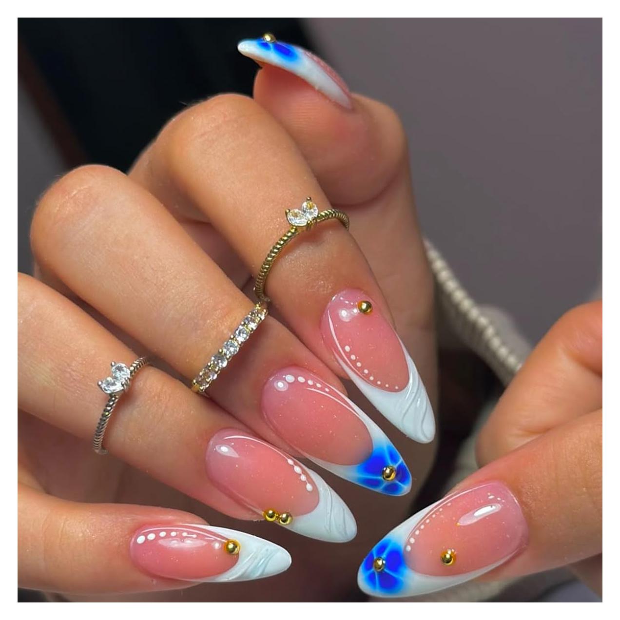 Uñas Postizas Cortas Almendras Francesas XMMXNBJ 24 Pcs