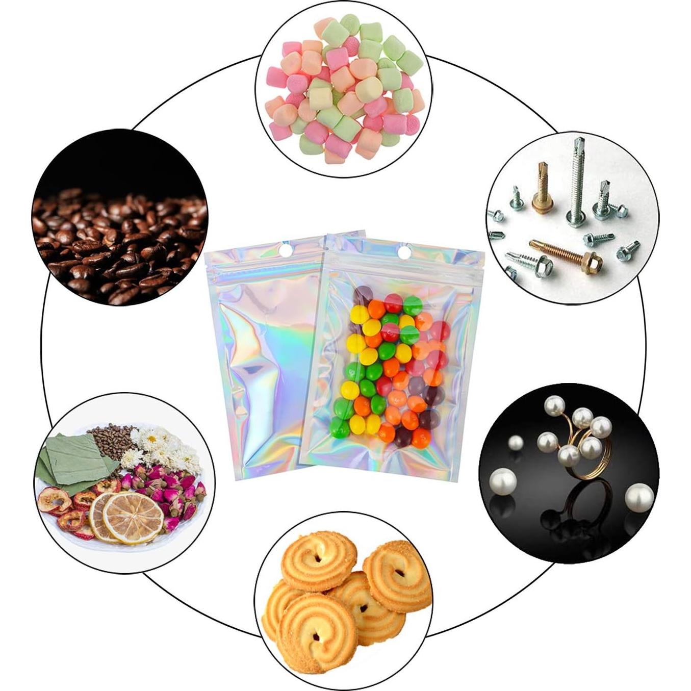 Bolsas Mylar Reutilizables MALENOO 100 Pcs 7.6x10 cm Holográficas