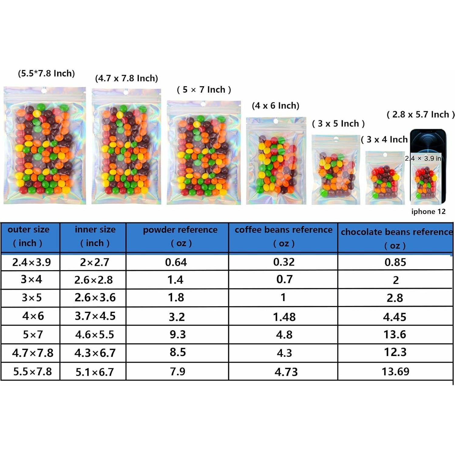 Bolsas Mylar Reutilizables MALENOO 100 Pcs 7.6x10 cm Holográficas