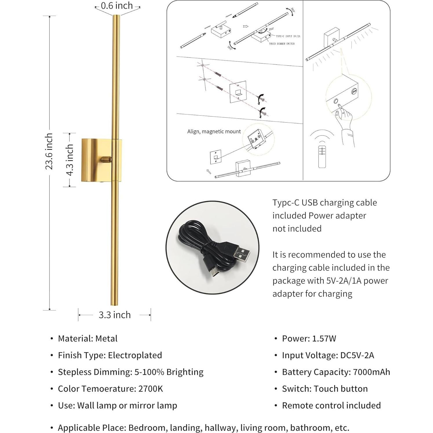 Apliques de Pared LED KDG Set de 2 Dorado 60 cm Inalámbricos