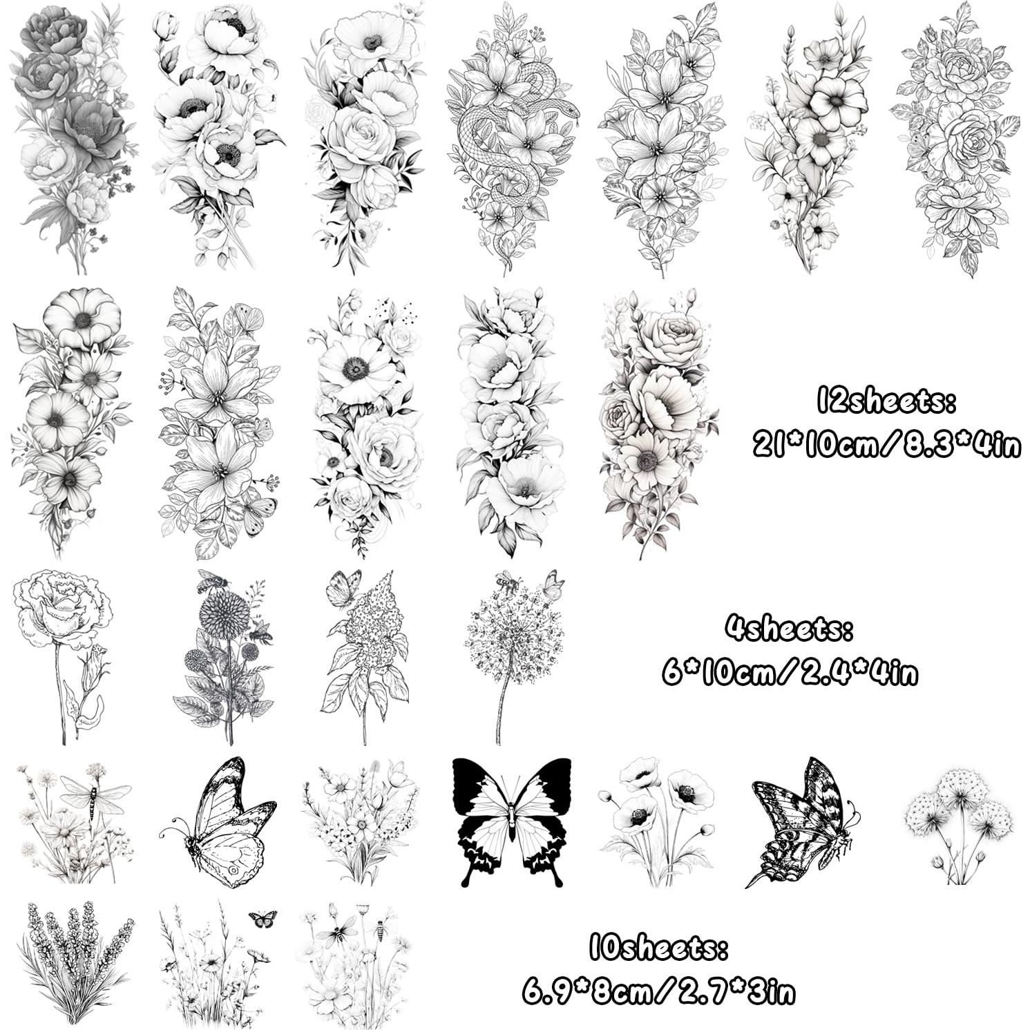 26 Hojas Tatuajes Temporales Realistas JoyfulGlam - Flores y Serpientes