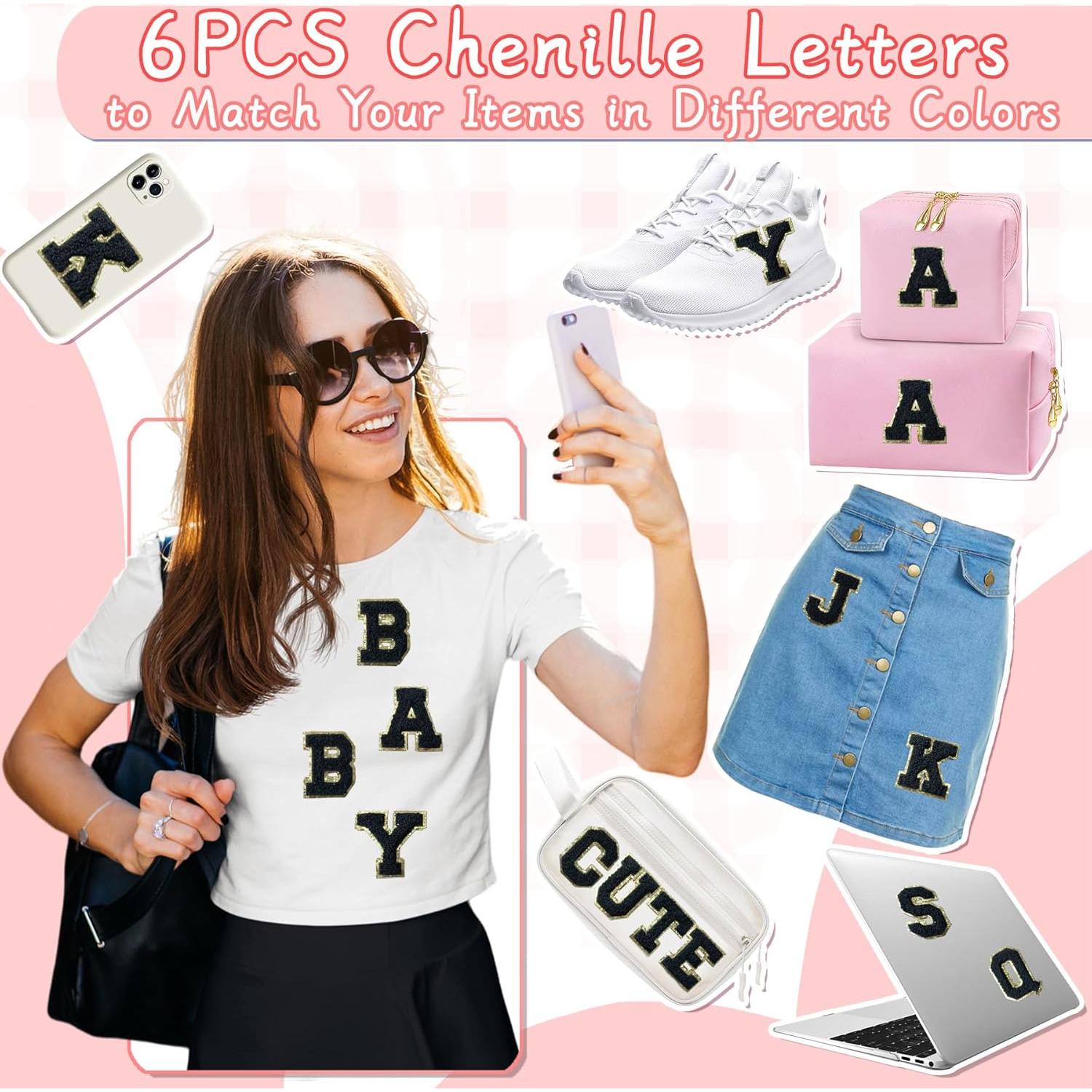 6 Parches de Letra Chenille Autoadhesivos Aganmi A-Z Negro