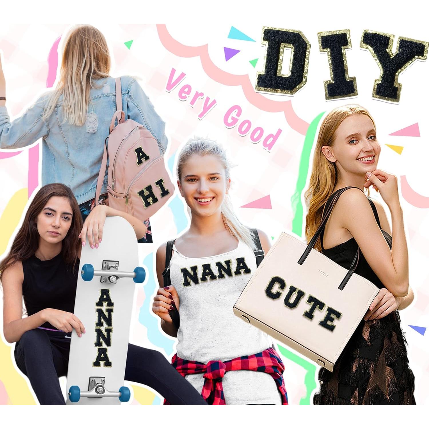 6 Parches de Letra Chenille Autoadhesivos Aganmi A-Z Negro