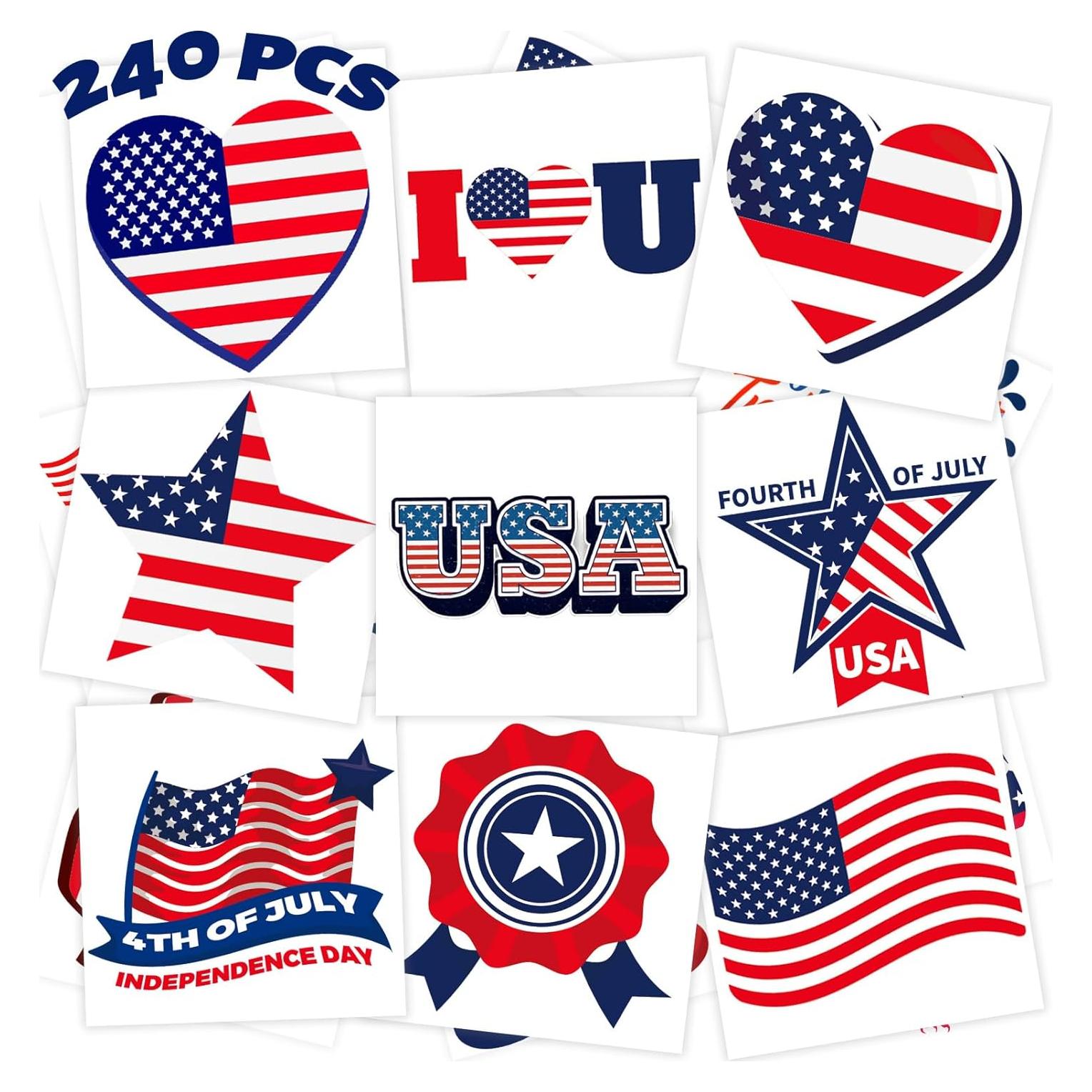 Tatuajes Temporales Winthrop 240 Pcs 4 de Julio - A Prueba de Agua