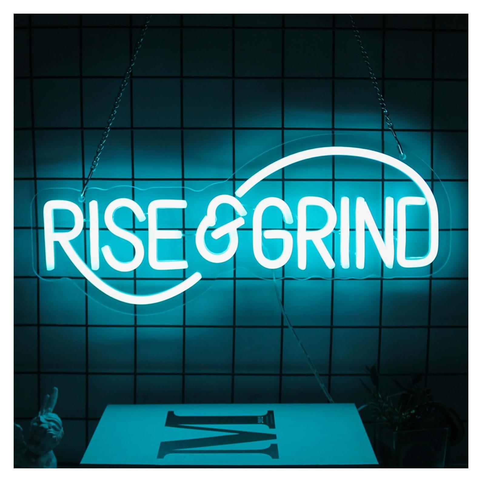 Letrero de Neón LED Rise & Grind Azul Hielo 42x18 cm