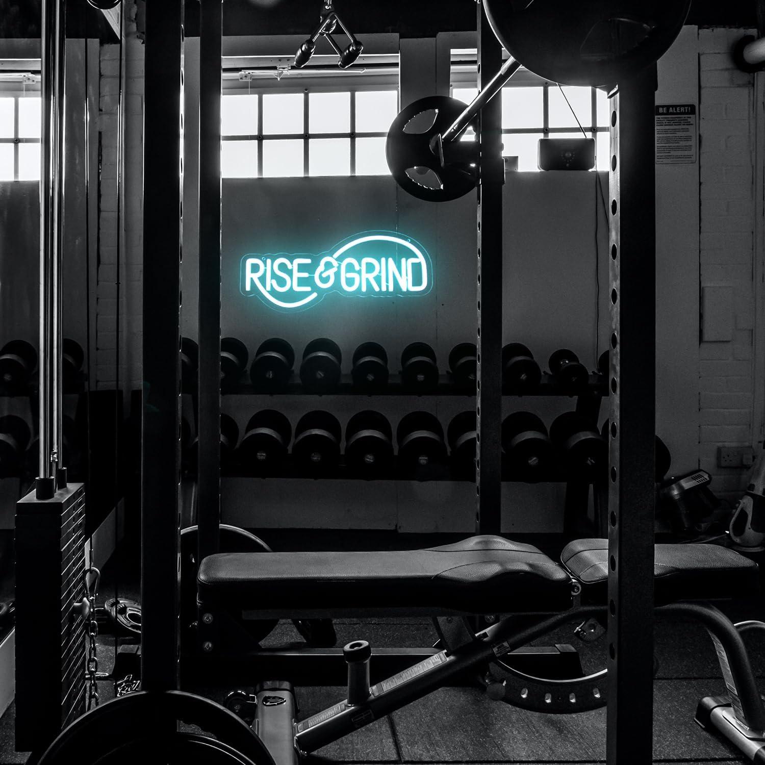 Letrero de Neón LED Rise & Grind Azul Hielo 42x18 cm