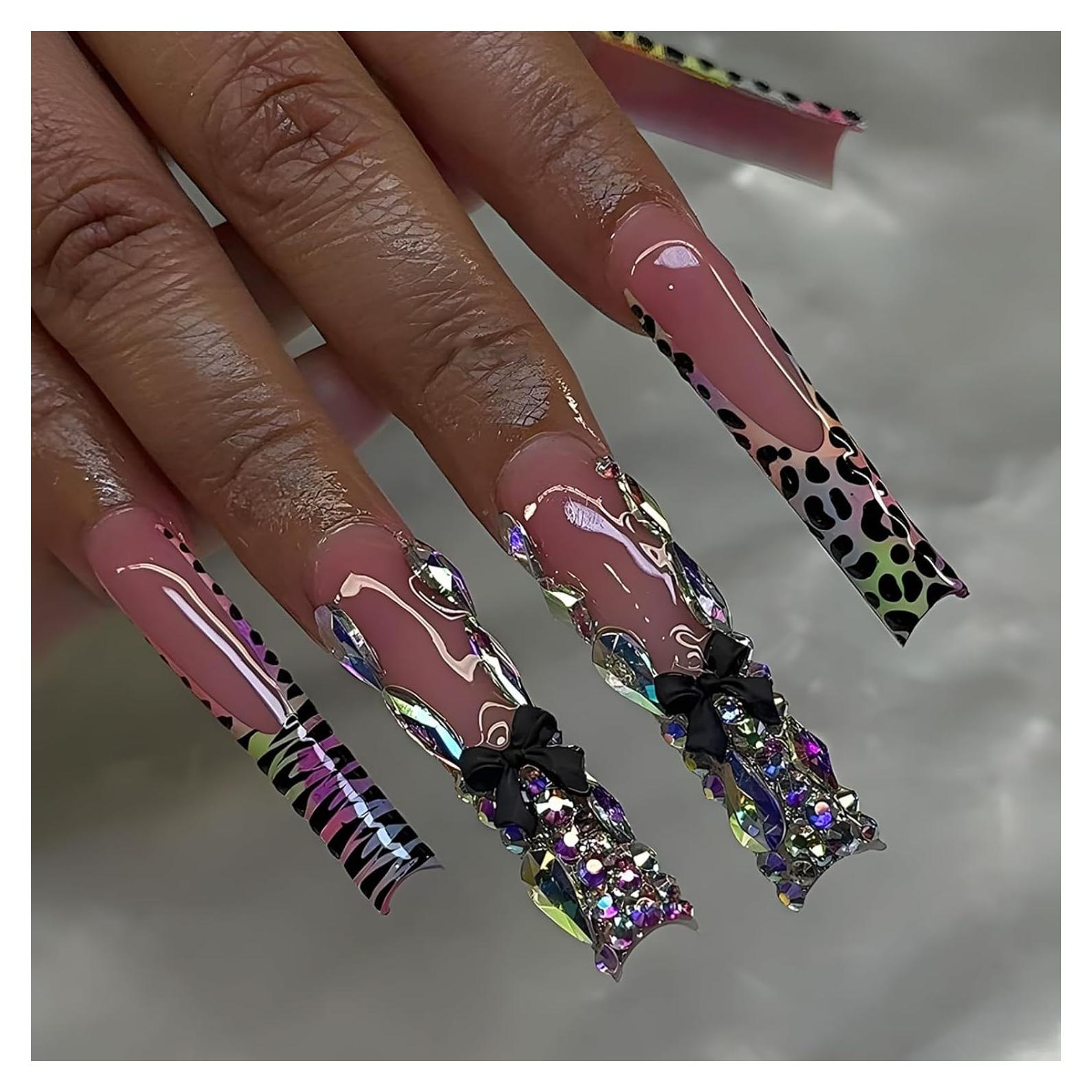 Uñas Postizas Seeneey XL Punta Francesa Lazo Negro 24pcs