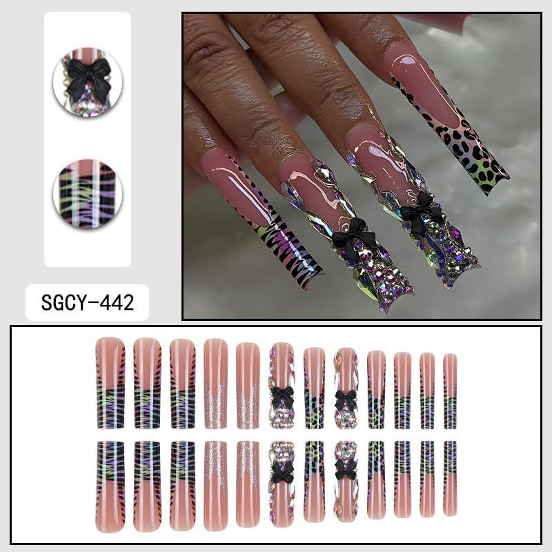 Uñas Postizas Seeneey XL Punta Francesa Lazo Negro 24pcs