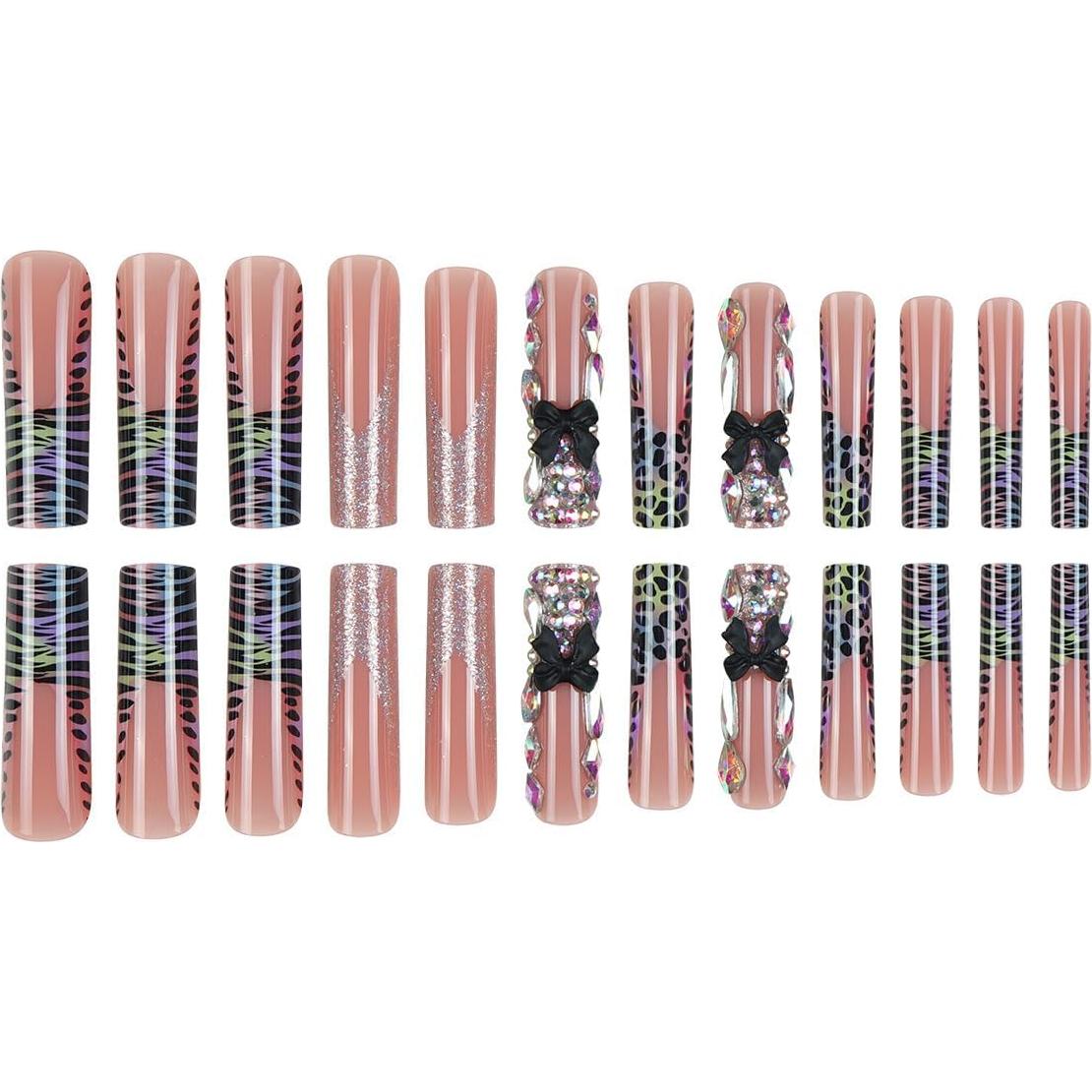 Uñas Postizas Seeneey XL Punta Francesa Lazo Negro 24pcs