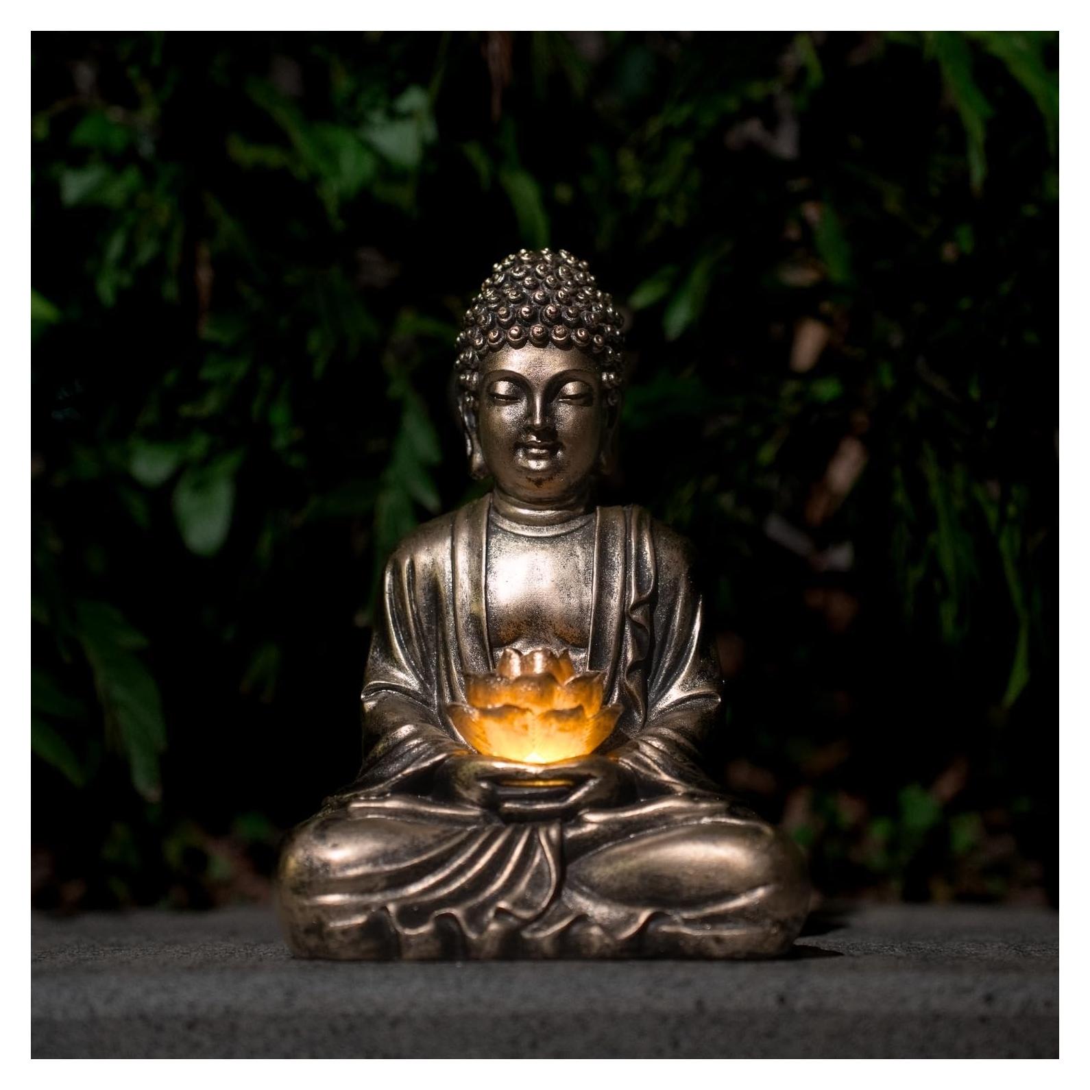 Estatua de Loto de Buda Quterhero con Luces Solares - Resina Cobre