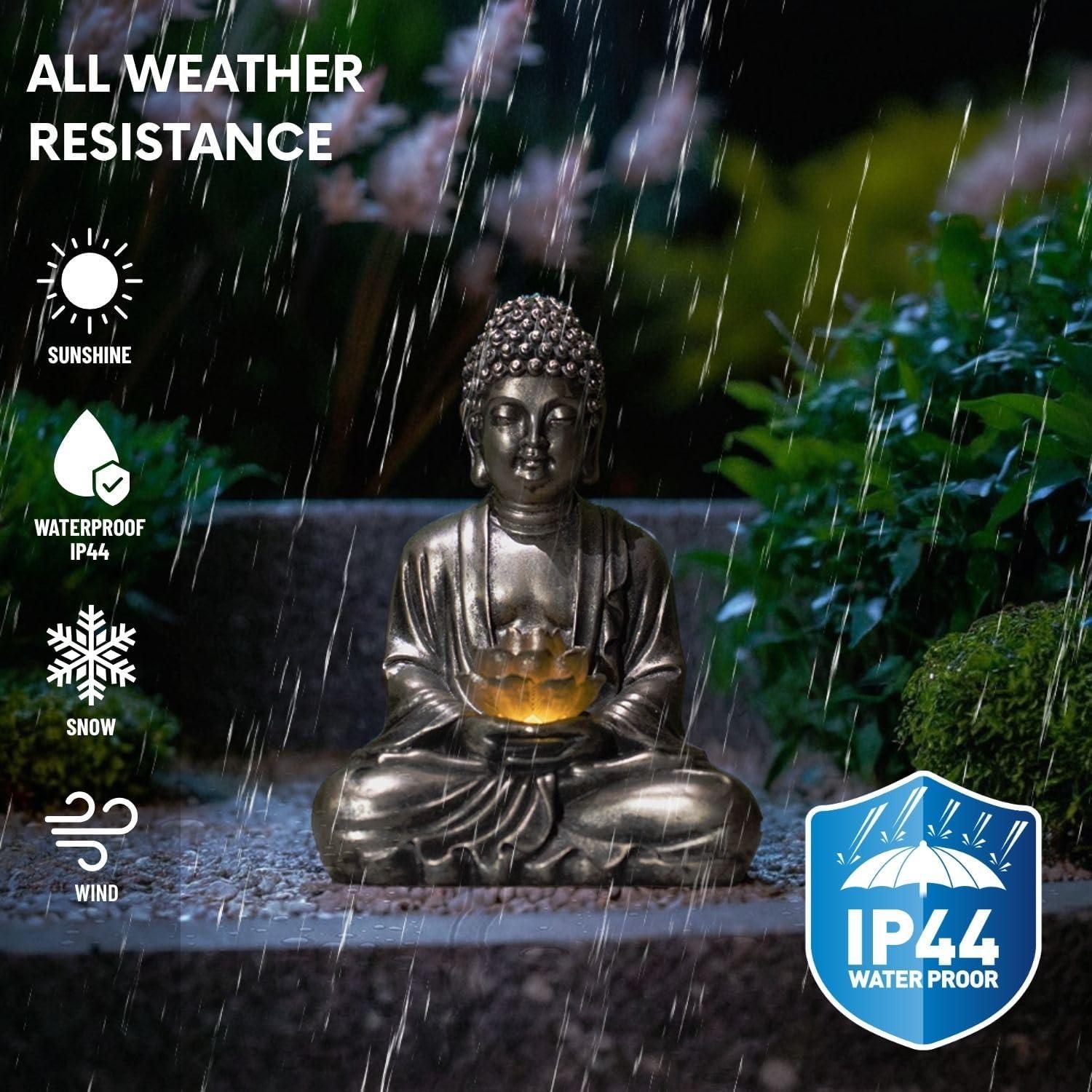 Estatua de Loto de Buda Quterhero con Luces Solares - Resina Cobre