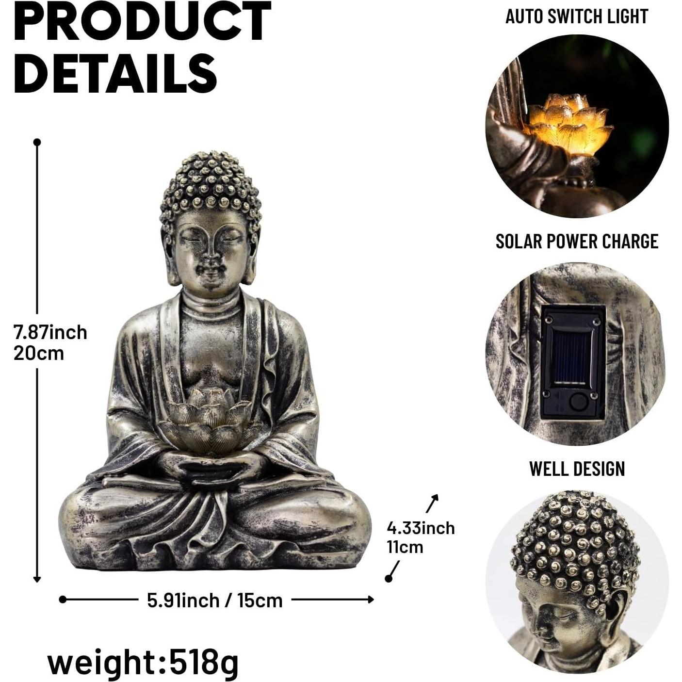 Estatua de Loto de Buda Quterhero con Luces Solares - Resina Cobre