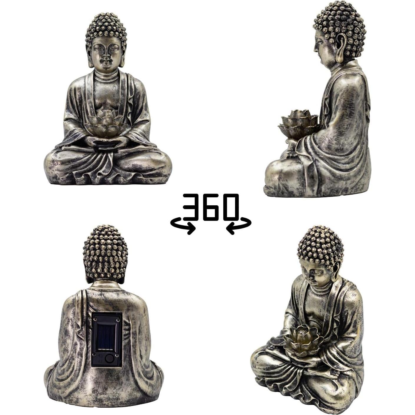 Estatua de Loto de Buda Quterhero con Luces Solares - Resina Cobre