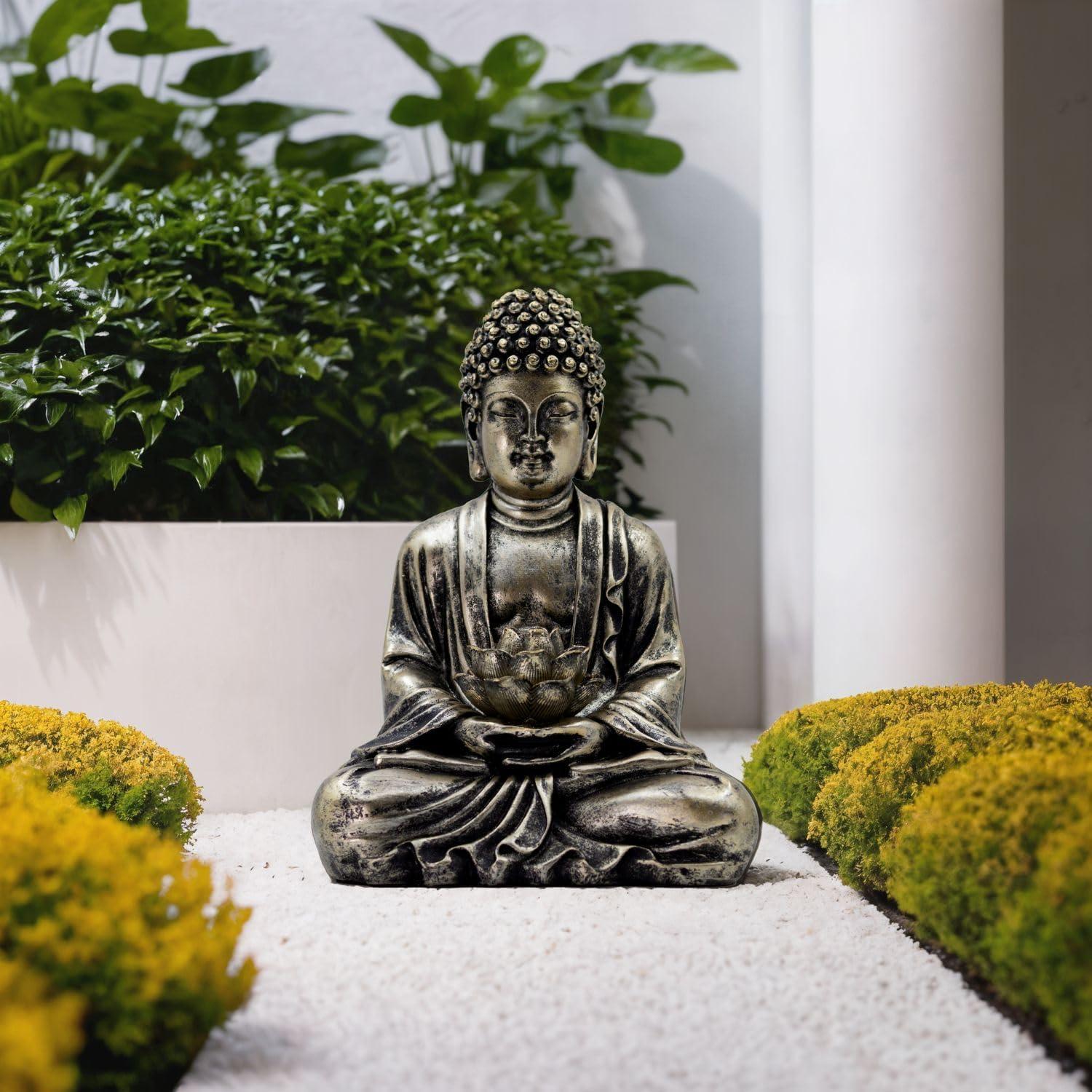 Estatua de Loto de Buda Quterhero con Luces Solares - Resina Cobre