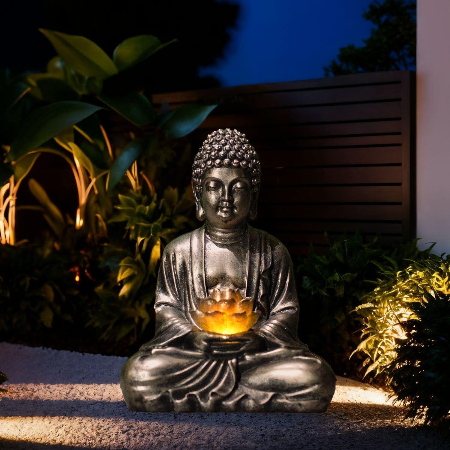 Estatua de Loto de Buda Quterhero con Luces Solares - Resina Cobre