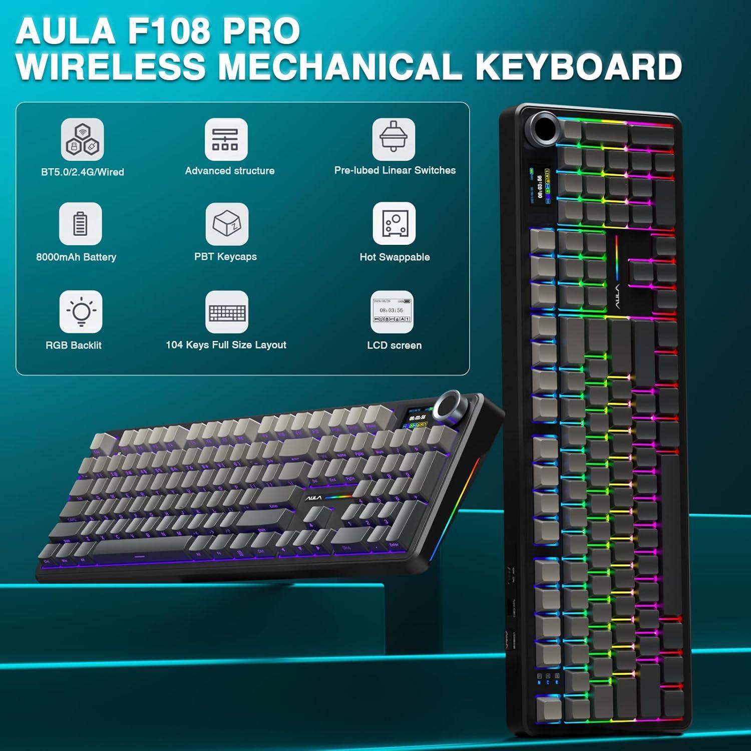 Teclado Mecánico Inalámbrico AULA F108 Pro RGB 104 Teclas